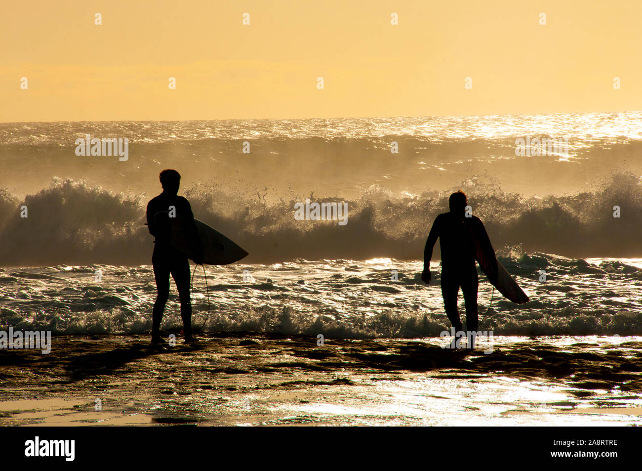 Surfers Silhouette dans Ocean Banque D'Images