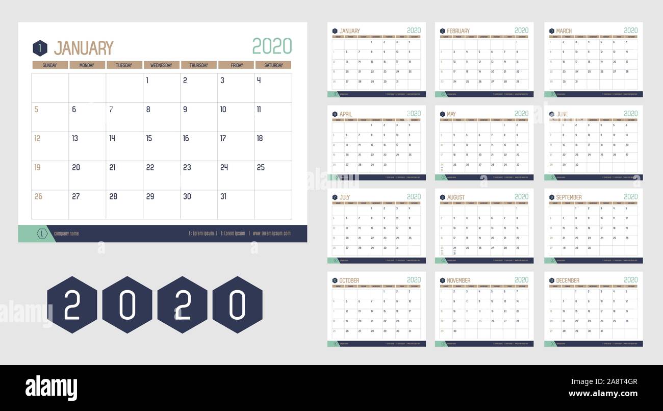 Vecteur de 2020 nouveau calendrier de l'année en nettoyer table moderne style simple avec de l'or bleu couleur vert,Maison de vacances event planner,semaine commence le dimanche.24 Calendrier Illustration de Vecteur