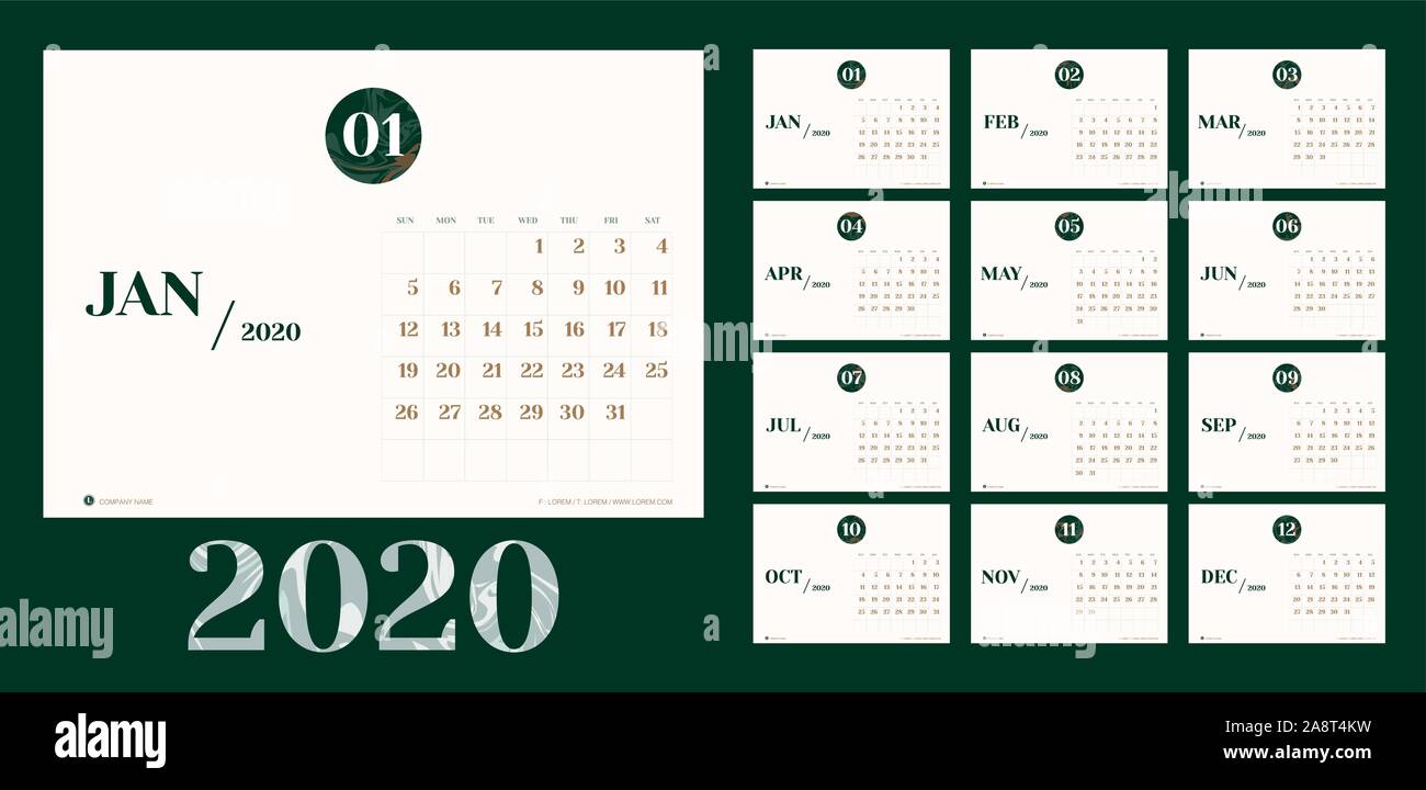 Vector 2020 nouveau modèle de planification d'agenda de l'année dans un minimum de style simple avec table en mois nombre de texture,Holiday event planner,semaine commence le dimanche Illustration de Vecteur