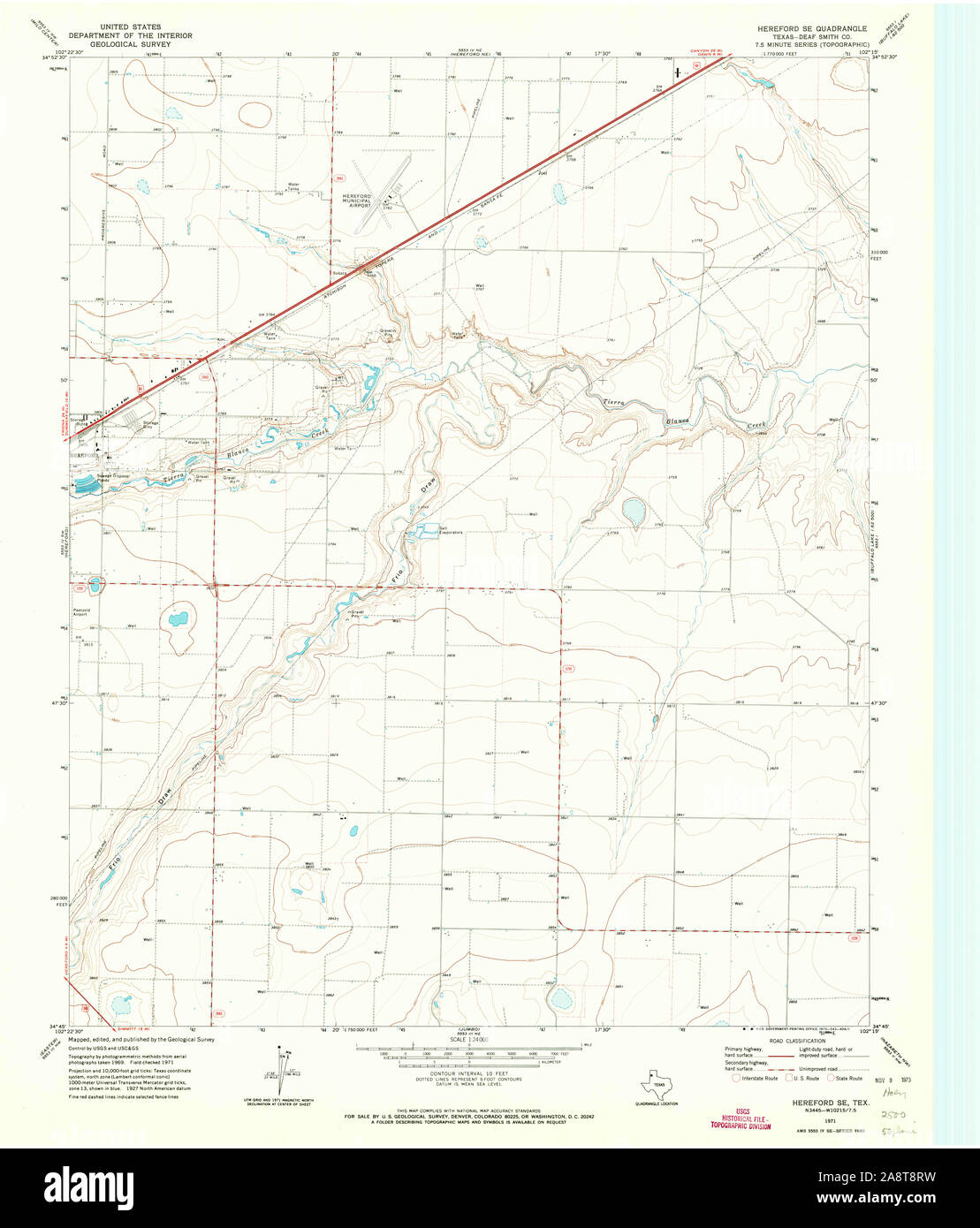 Carte TOPO USGS Texas TX Hereford SE 1107081971 Restauration 24000 Banque D'Images