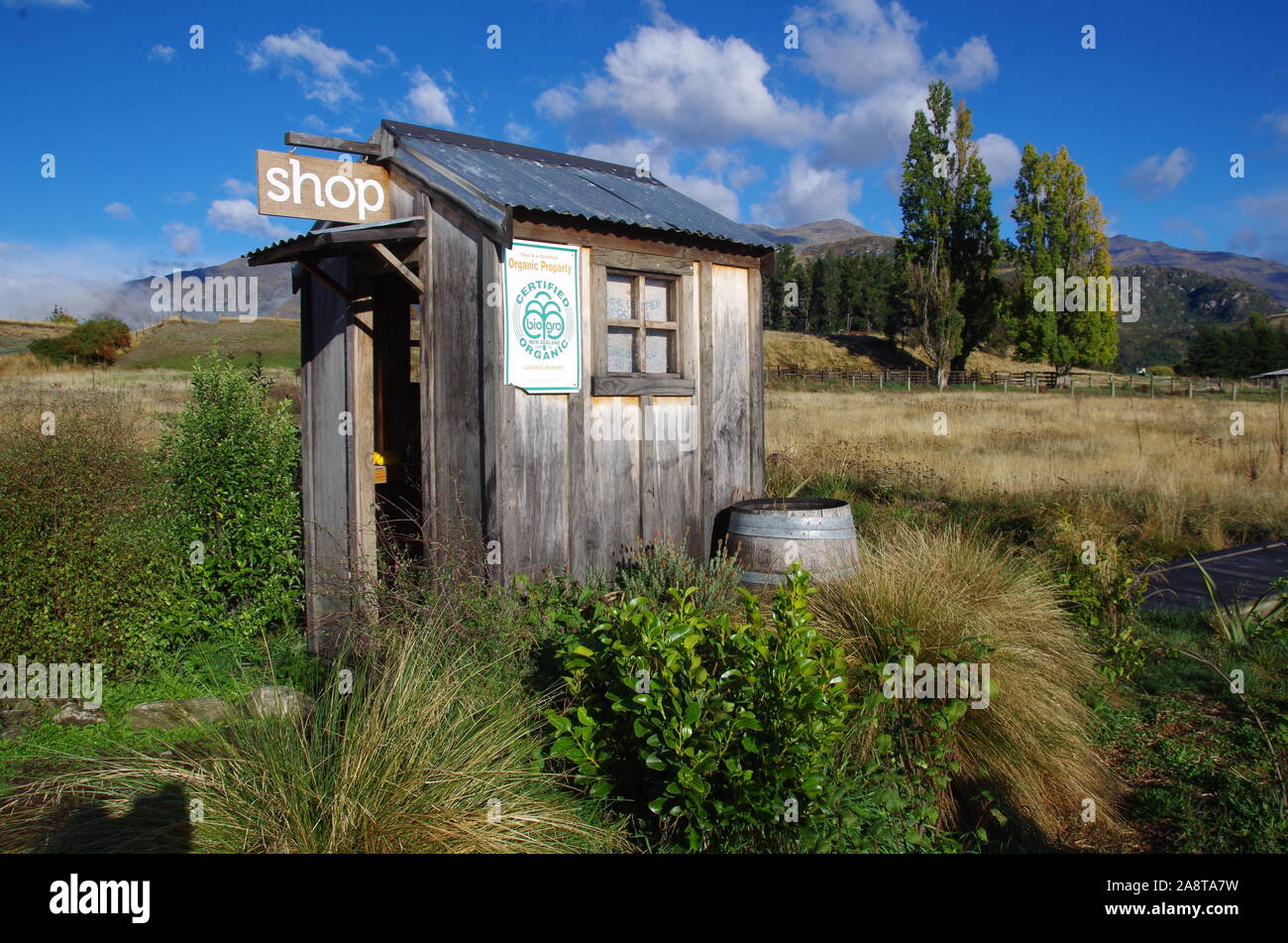 Wanaka organics farm honnêteté shop hut. Te Araroa Trail. Glendhu Bay. L'île du Sud. Nouvelle Zélande Banque D'Images