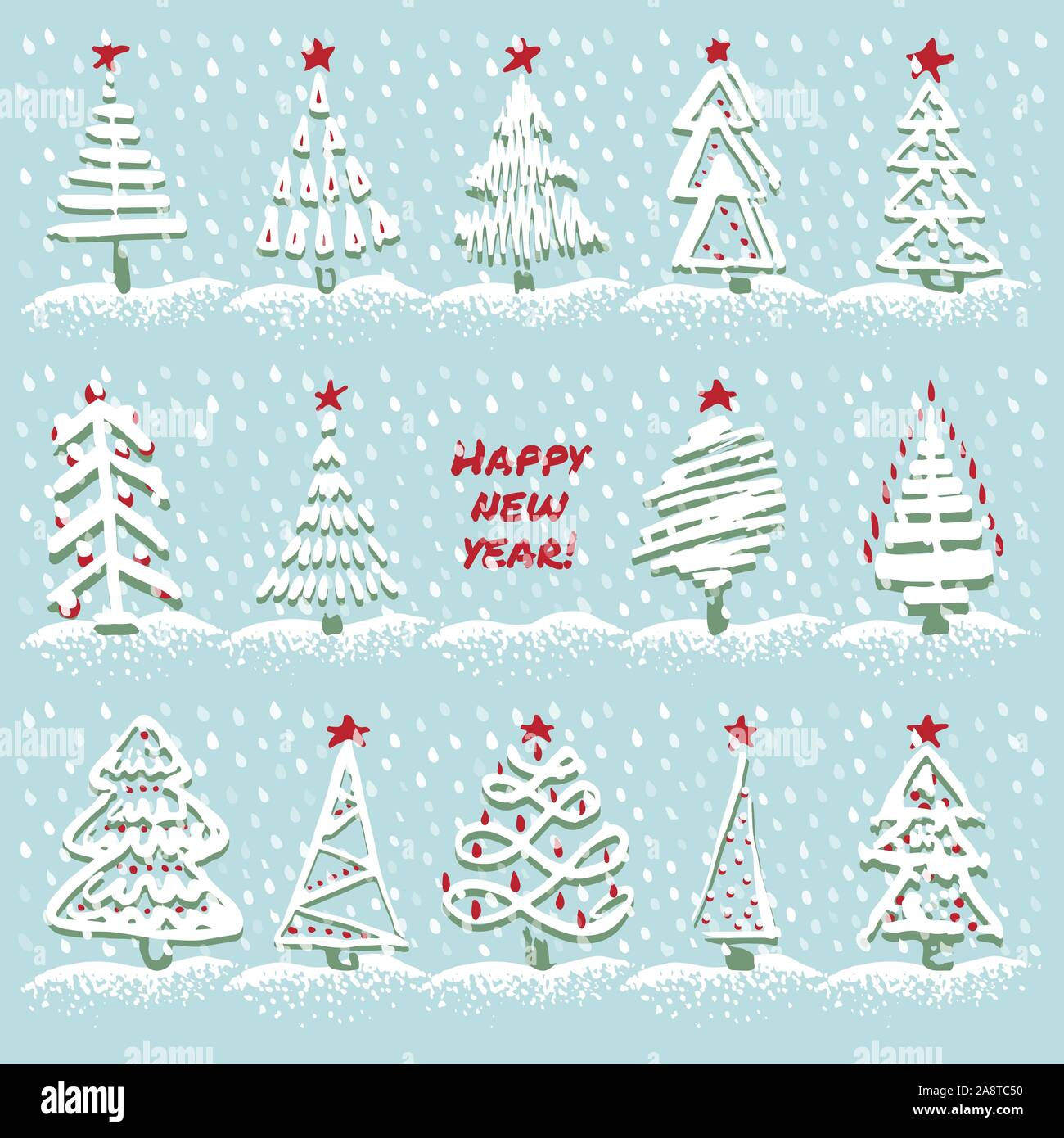 Carte de voeux jeu de croquis moderne avec des arbres de Noël stylisé sur fond isolé pour l'hiver maison de décoration design. La forêt enneigée Vintage Illustration de Vecteur