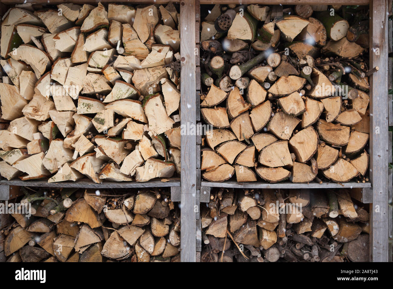 Sciage de bois de chauffage dans une pile de bois hangar de stockage en hiver alors qu'il neige en plein air Banque D'Images