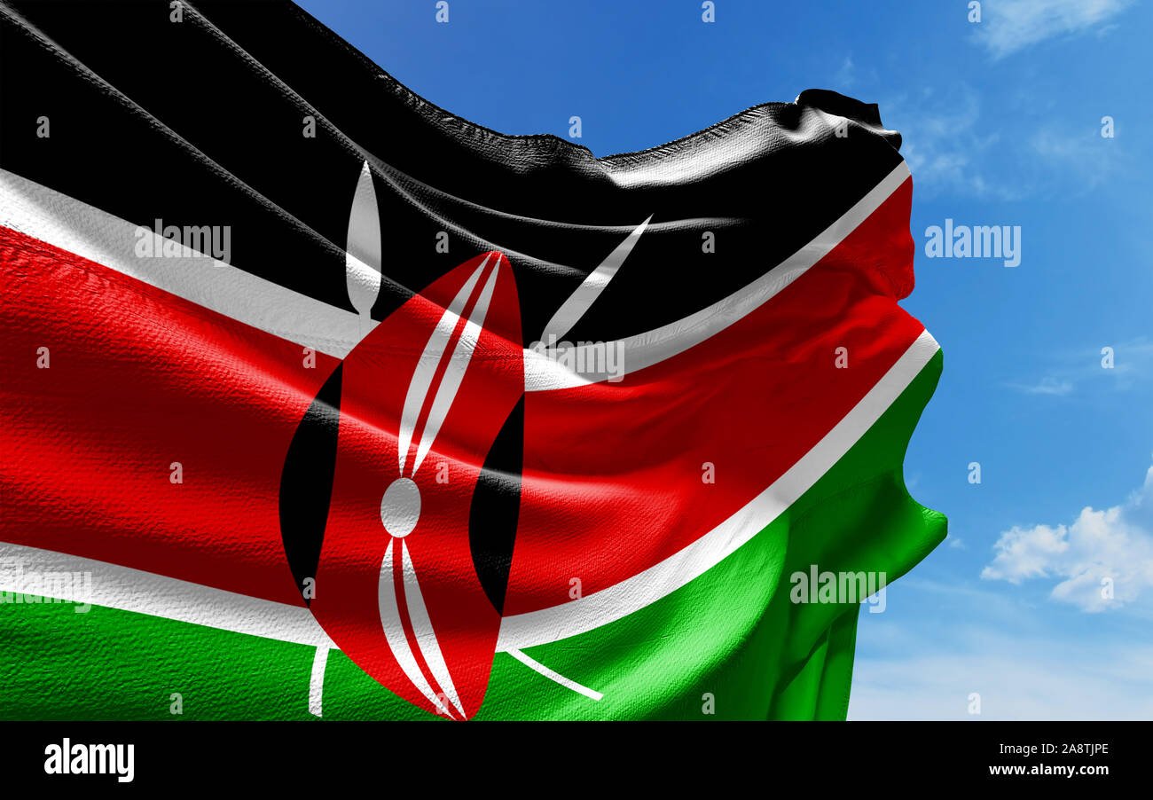 Drapeau du Kenya est forme contre le ciel bleu avec des nuages. Des reflets réalistes et des textures à haute résolution. Le rendu 3D. Banque D'Images