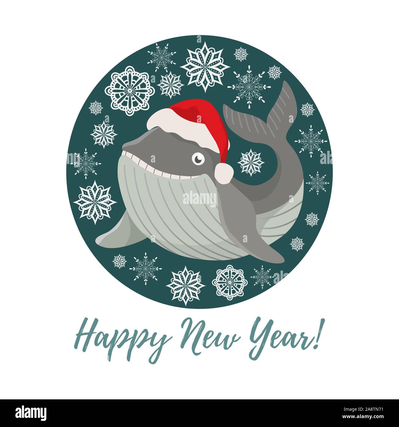 Joyeux Noël et Bonne Année. Cartoon smiling isolés dans des baleines Christmas hat en cercle. Cute vector illustration. Illustration de Vecteur