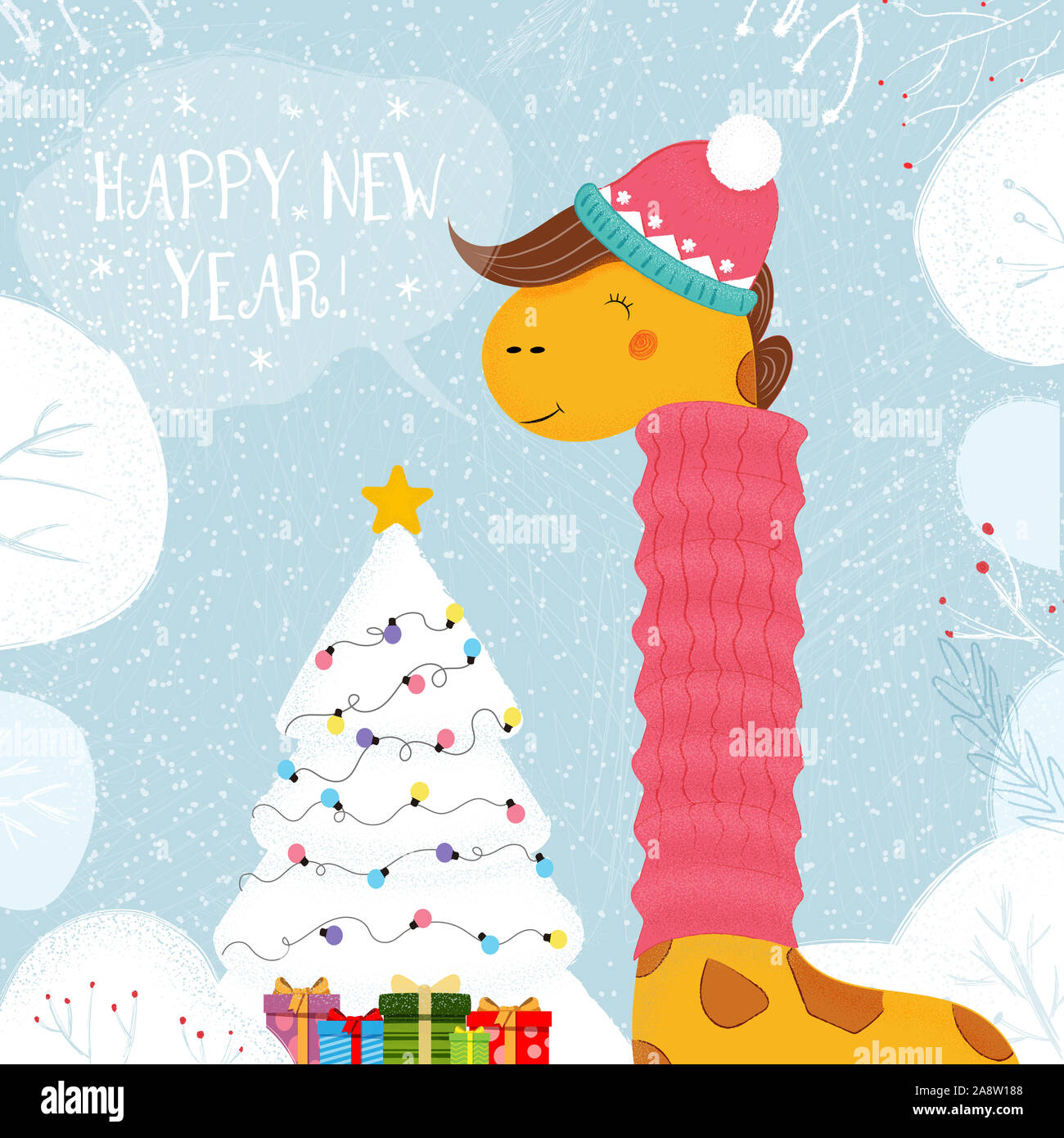 Girafe Bonnet et écharpe en tricot sont à l'arbre de Noël décoré avec des  cadeaux sur fond de neige en hiver, Joyeux Noël Carte de souhaits Kawaii  Animal New Y Photo Stock -