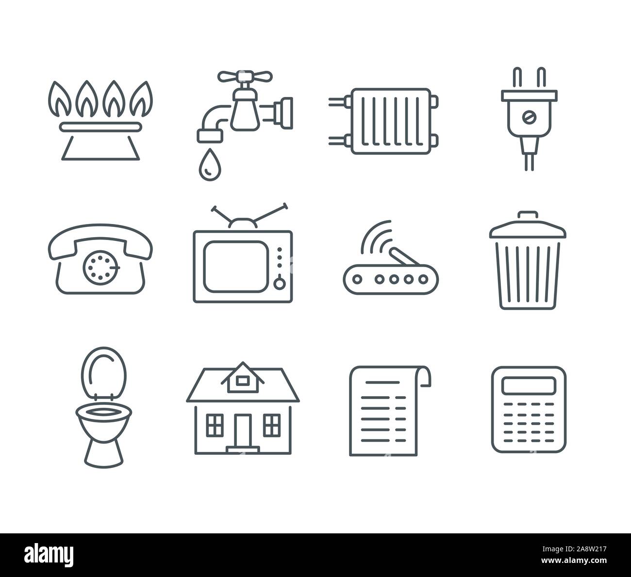 Services à la personne d'une facture d'icônes. Télévision vecteur ligne mince de paiements réguliers des symboles tels que gaz, eau, énergie électrique, chauffage, téléphone, câble T Illustration de Vecteur