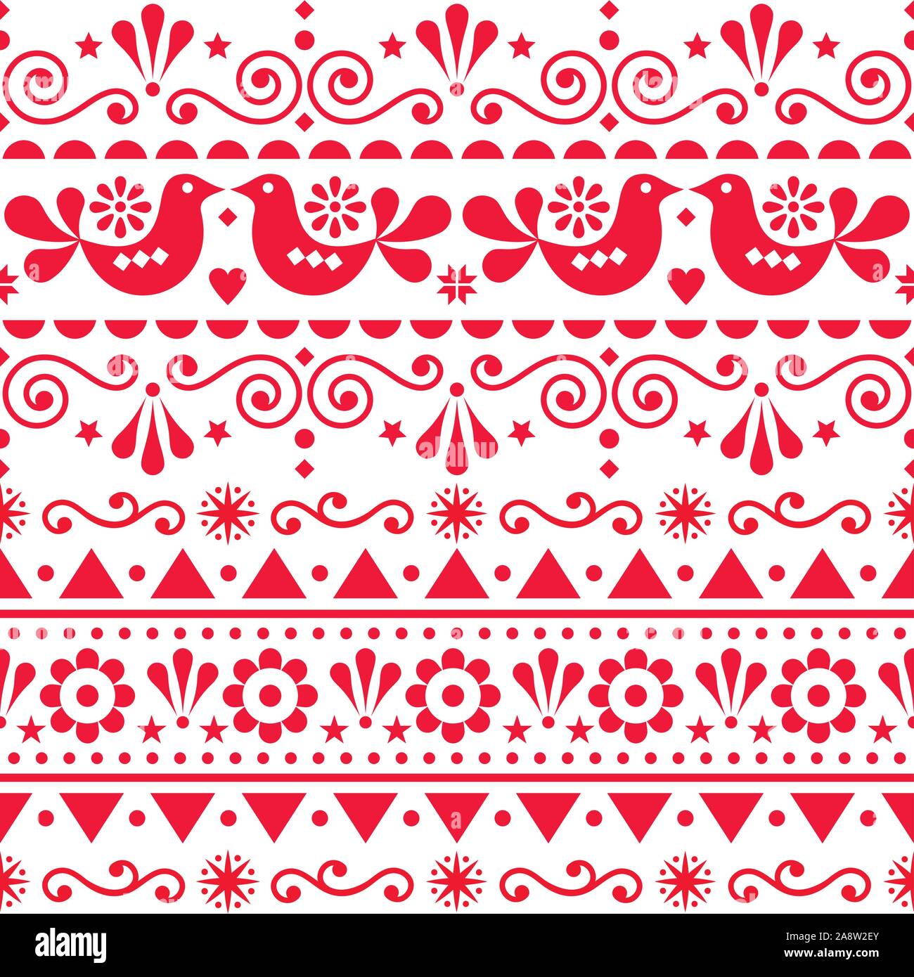 Modèle vectoriel continu scandinave style art populaire, Nordic design mignon répétitives avec des oiseaux en rouge sur fond blanc Illustration de Vecteur