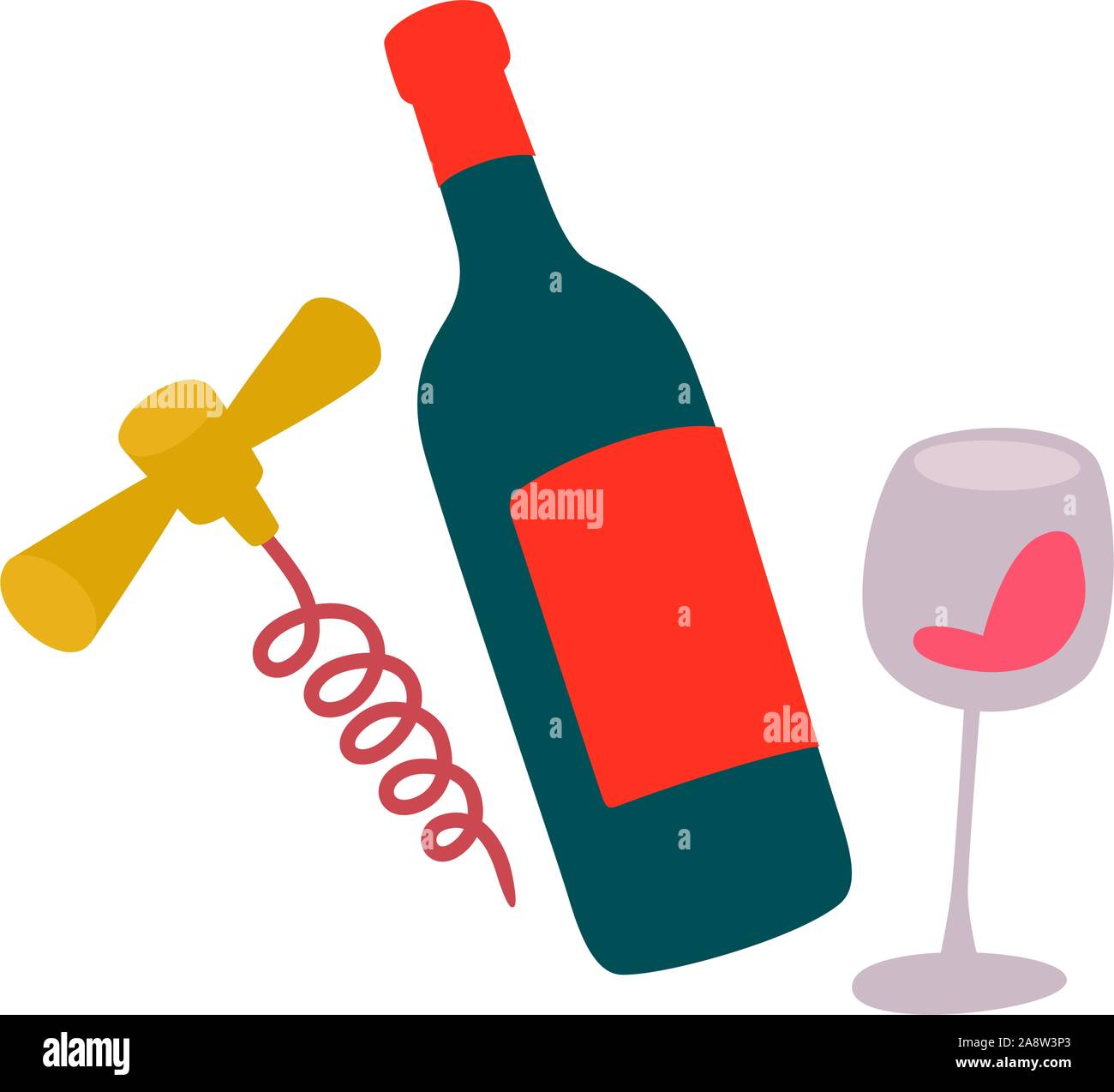 Illustration d'une bouteille de vin, un verre et un tire-bouchon. Vecteur. Autocollant pour boissons vin. Icône de site web et d'étiquette. Badge pour les amateurs de vin. Illustration de Vecteur