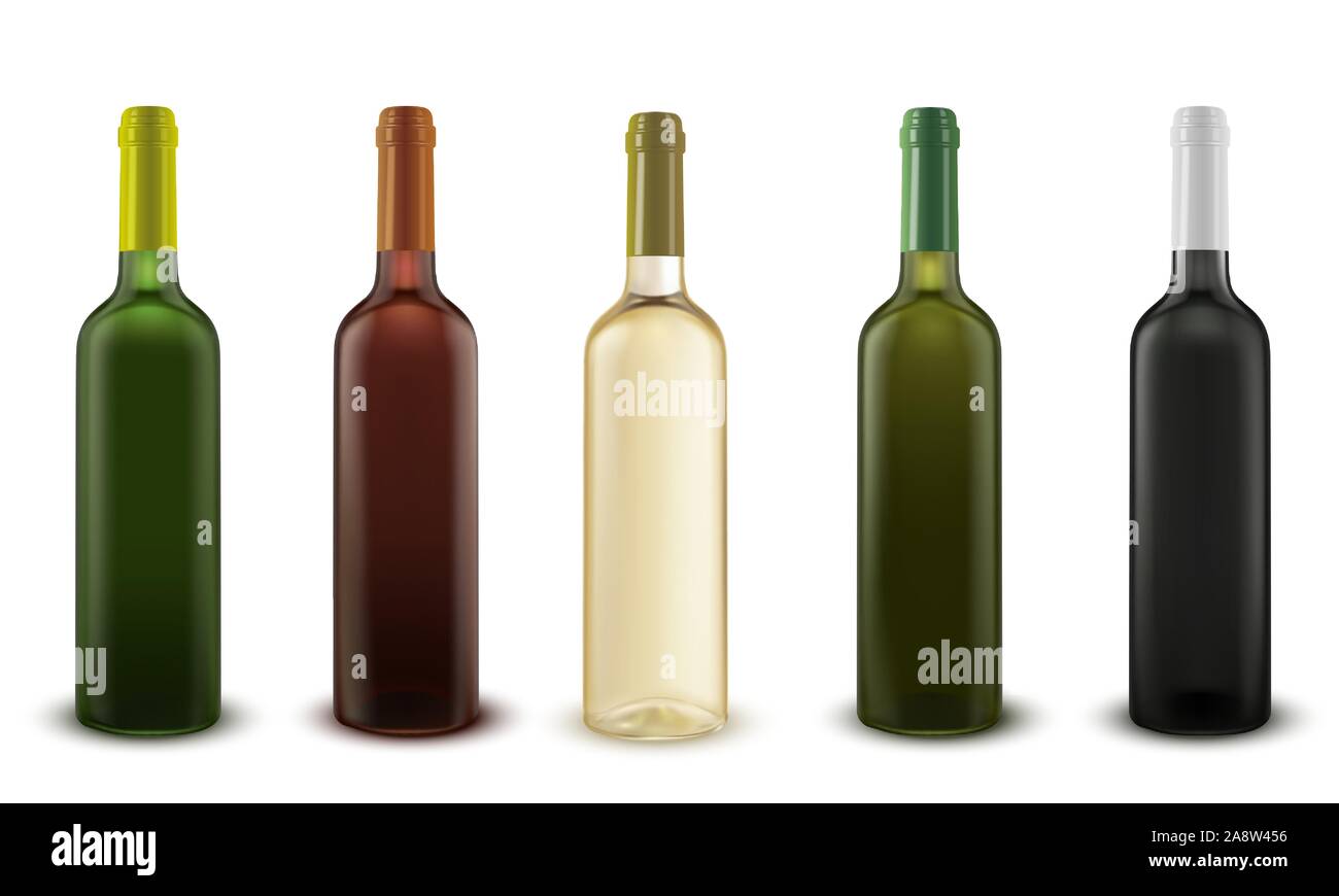 Vector set réaliste de bouteilles de vin de différentes couleurs de verre. Illustration de Vecteur