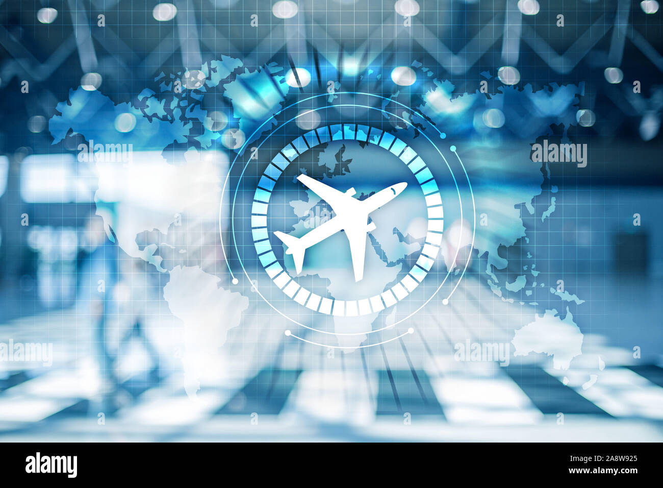 L'icône avion sur l'écran virtuel. Itinéraire de transport Avion concept de réseau. Arrière-plan de voyage d'affaires Banque D'Images