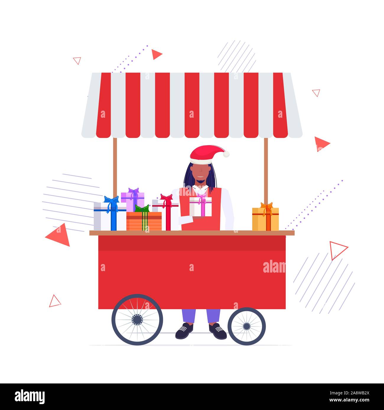 African American man in santa hat vente de boîtes actuel marché de noël concept équitable avec décrochage wrapped gifts heureux hew année joyeux noël vacances d'hiver long sketch vector illustration Illustration de Vecteur