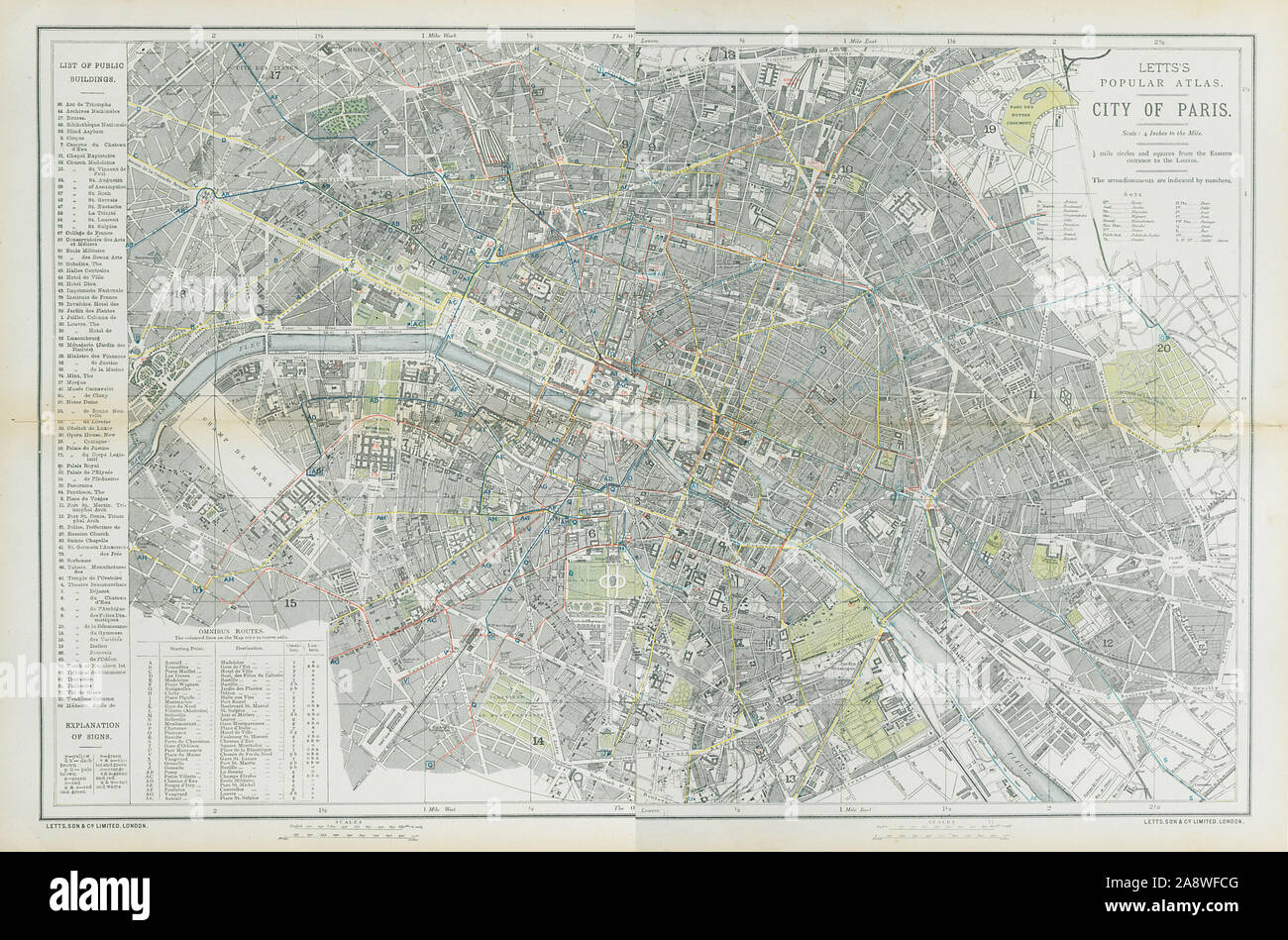 PARIS ville antique plan de ville plan. À Omnibus. Grande. LETTS 1883 ancien Banque D'Images