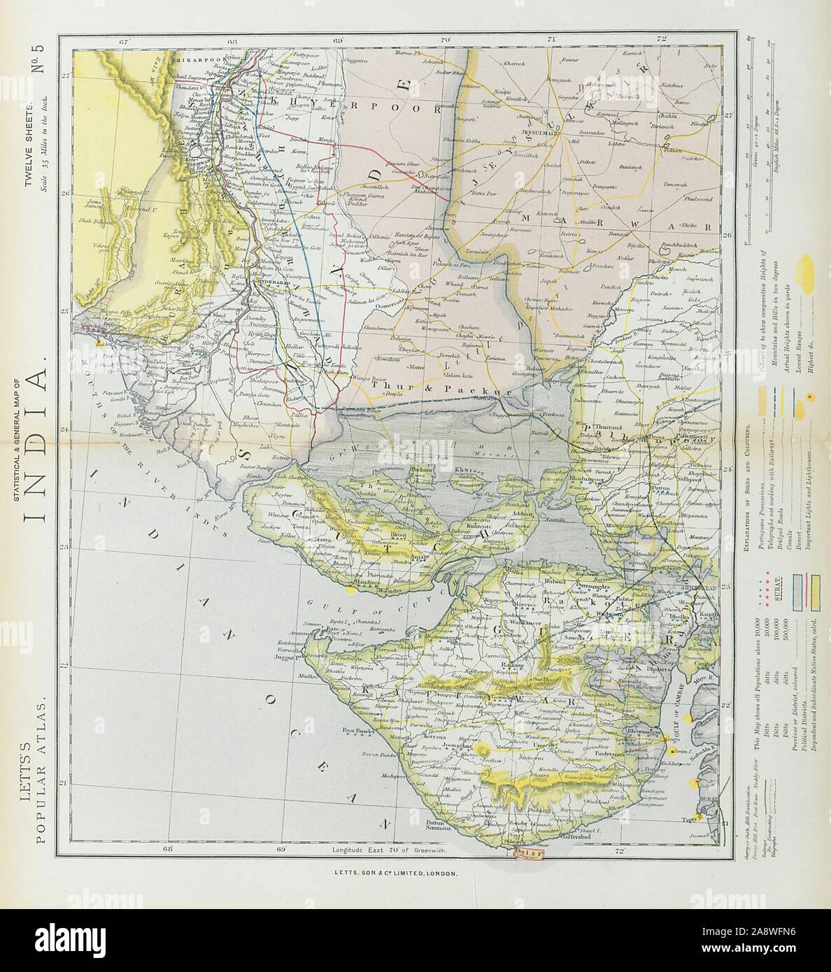 E L'INDE ET LE PAKISTAN S. Hyderabad Sindh Gujarat Karachi. Chemins de fer. LETTS 1883 map Banque D'Images