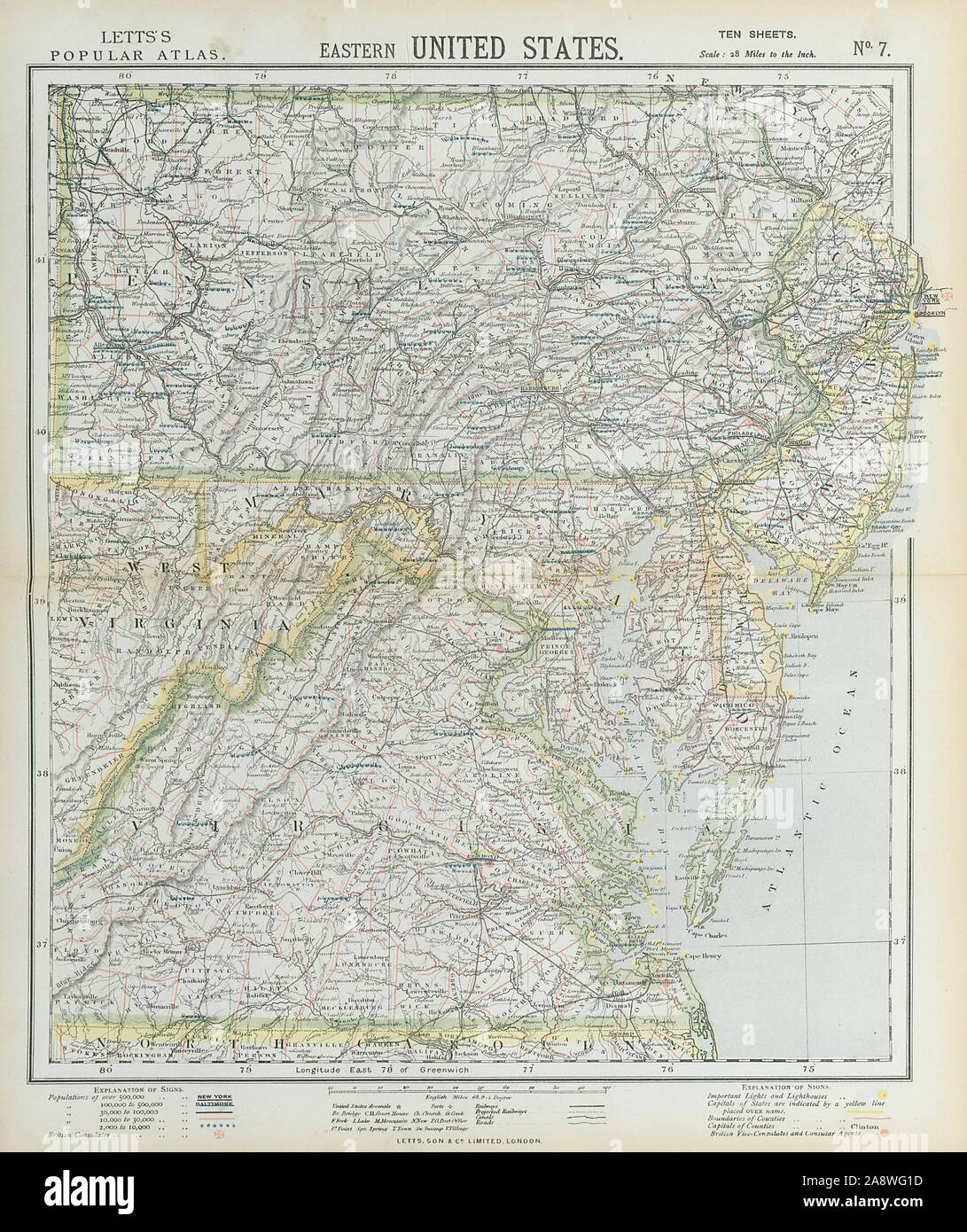 Le milieu de l'Atlantique MEMBRES. New York NJ Virginia Maryland Delaware. LETTS 1883 map Banque D'Images