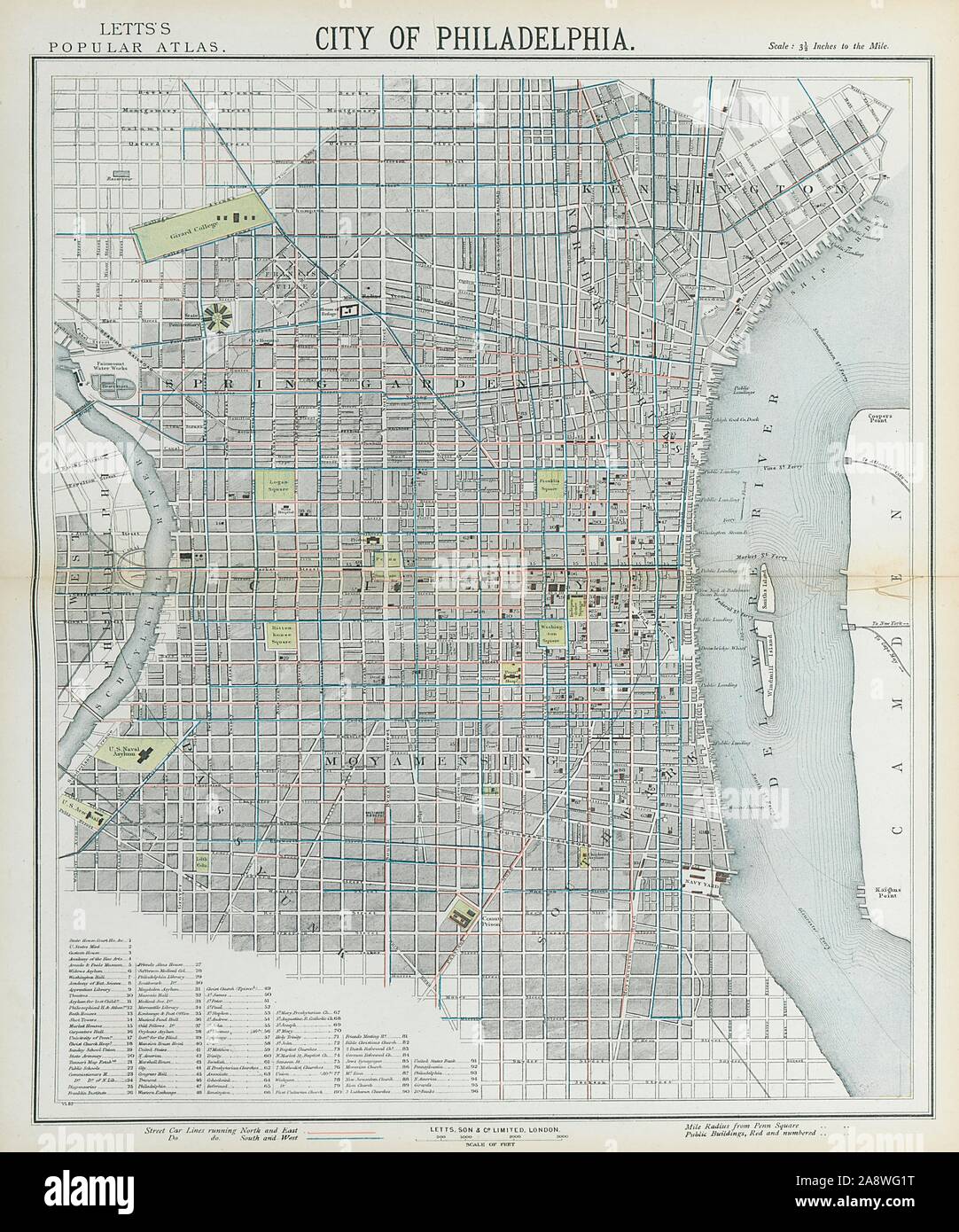 Ville antique de Philadelphie Plan de ville plan. Lignes de tram. LETTS 1883 ancien Banque D'Images