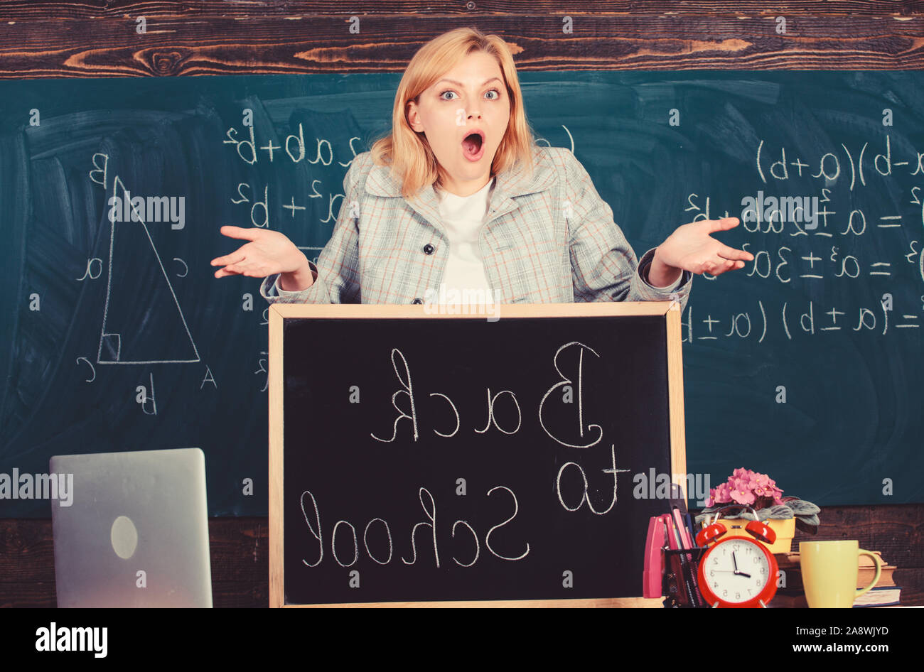 L'école. L'enseignement à domicile. surpris femme. enseignant avec réveil. Le temps. L'étude et l'éducation. L'école moderne. Jour des connaissances. Retour à l'école. Journée des enseignants en classe. femme. Student sur examen. Banque D'Images