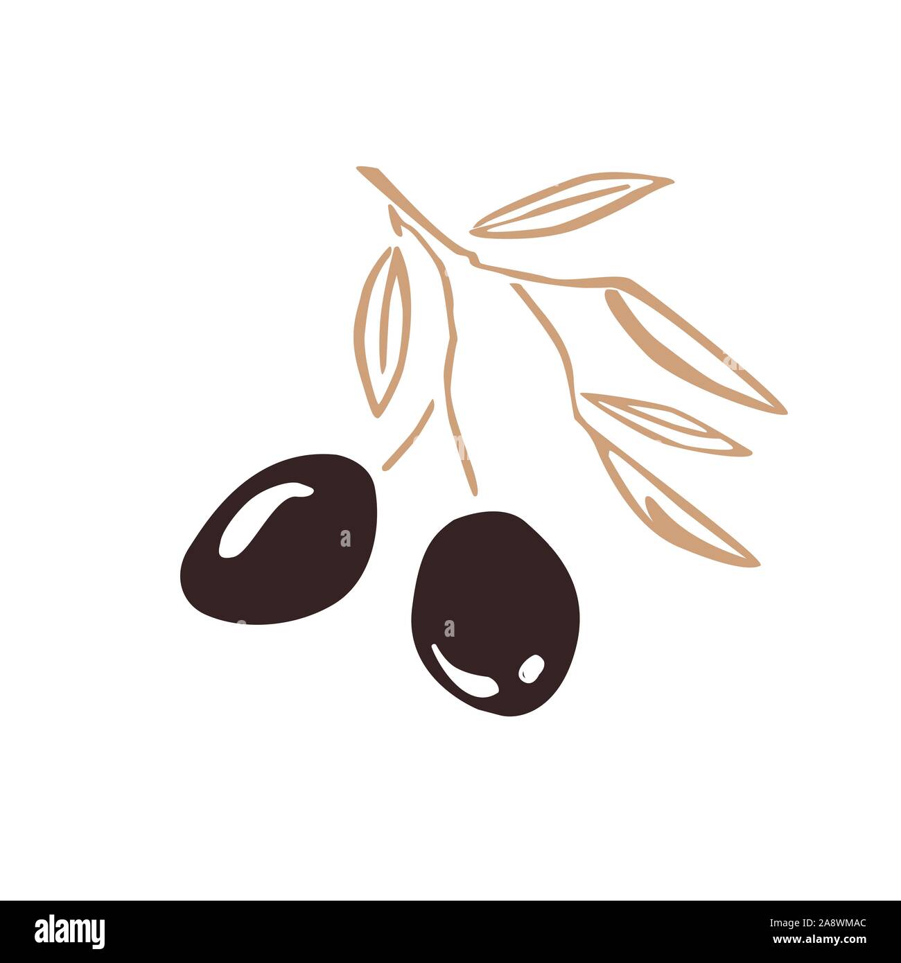 Branche d'olivier stylisé silhouette aux olives et feuilles. Icône vecteur illustration, croquis de l'élément de conception pour les étiquettes ou l'emballage Illustration de Vecteur