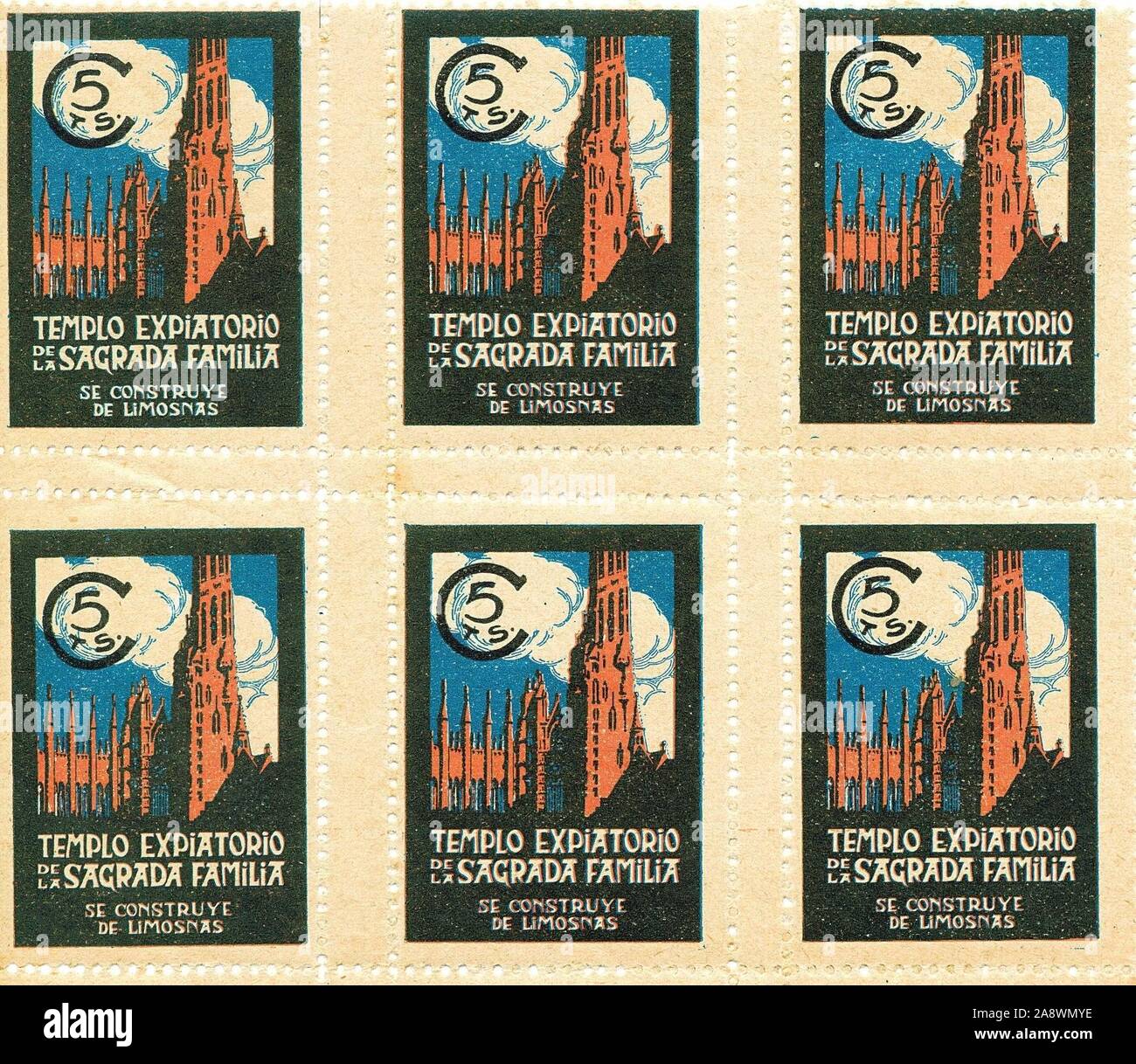 Timbres pour la collecte de fonds pour la Sagrada Familia, Barcelone, 1918. Banque D'Images