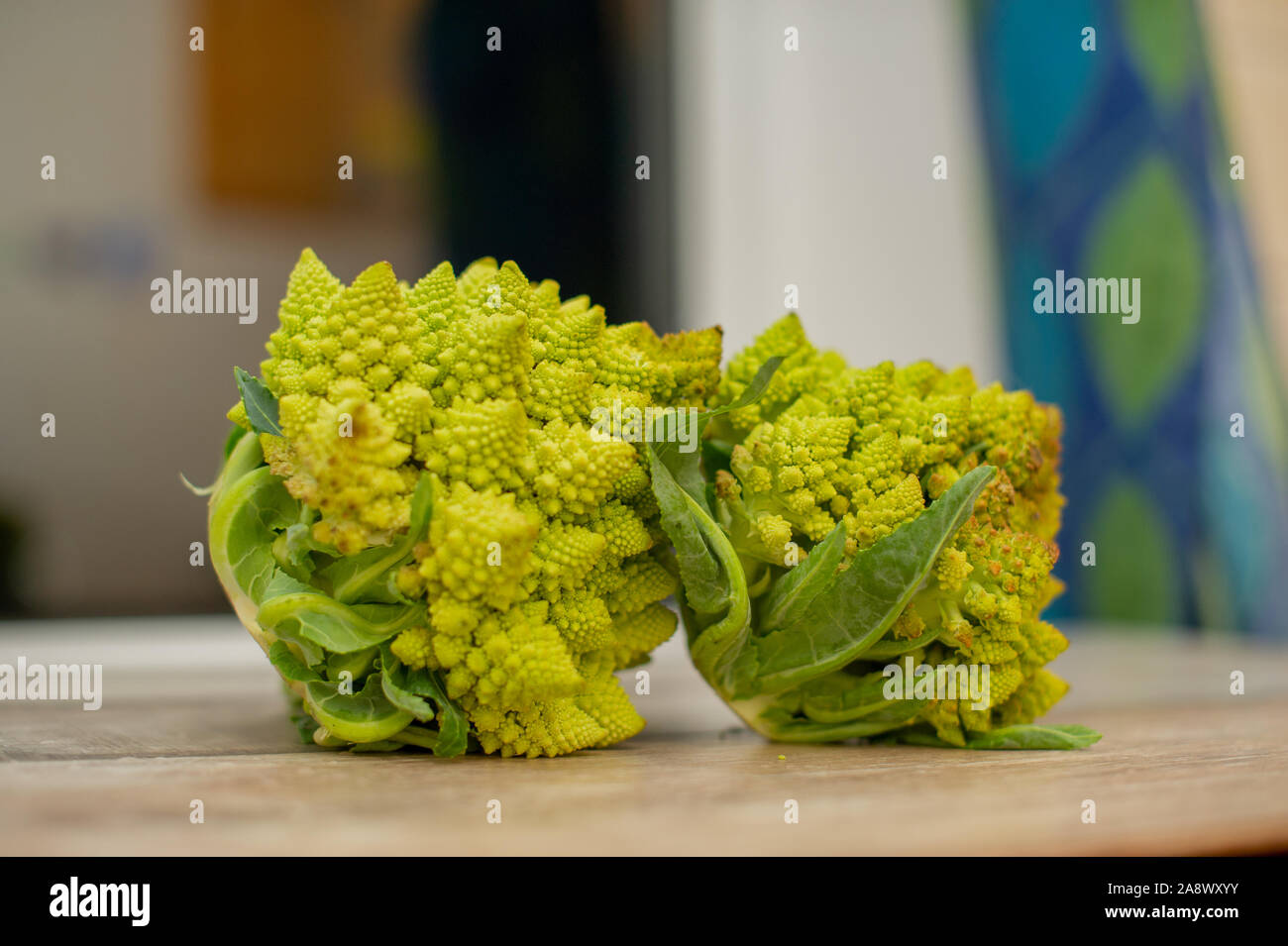 Les légumes, de l'alimentation et concept culinaire - close up de brocoli romanesco. Le brocoli Romanesco, chou-fleur ou romain. Le brocoli sur une table en bois. Banque D'Images