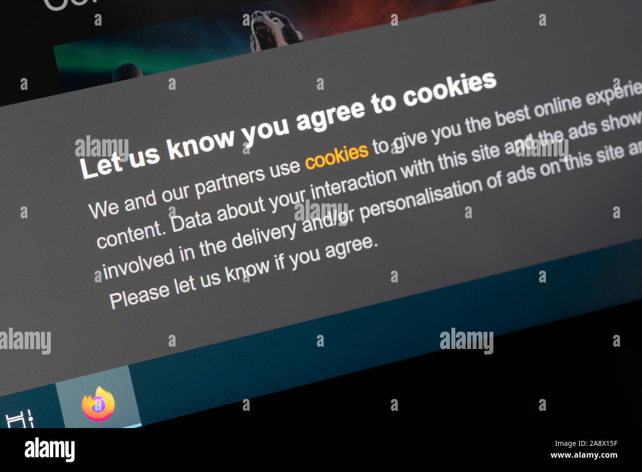 Un consentement cookie bannière sur le site Web BBC iPlayer UK - ce consentement est requis par la Directive européenne 2009/136/CE, également connu sous le nom de loi de cookie Banque D'Images