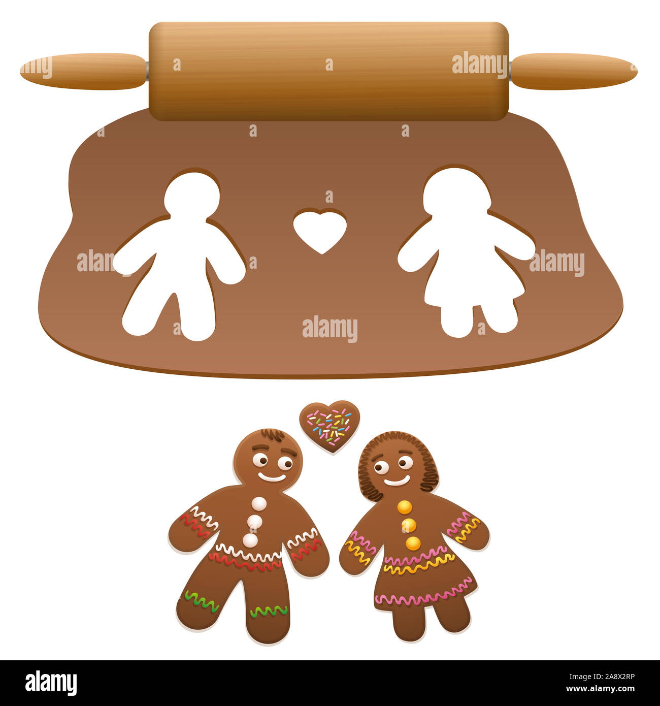 Gingerbread man and woman et coeur, doux et mignon love couple coupé de pâte lebkuchen - illustration sur fond blanc. Banque D'Images