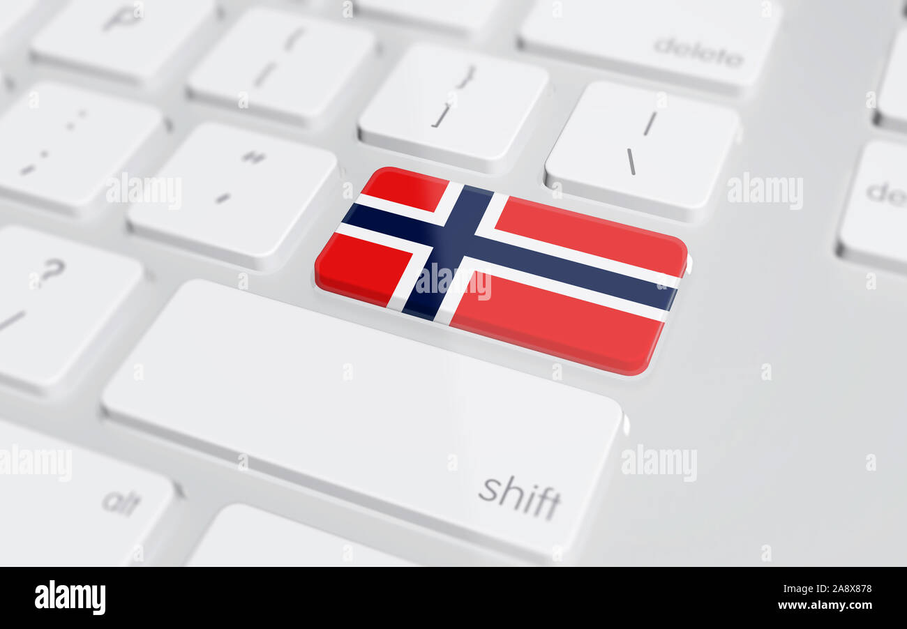 Ordinateur portable ou ordinateur de bureau d'entrée clavier sur une clé avec pavillon norvégien sur elle. Le rendu 3d. Banque D'Images