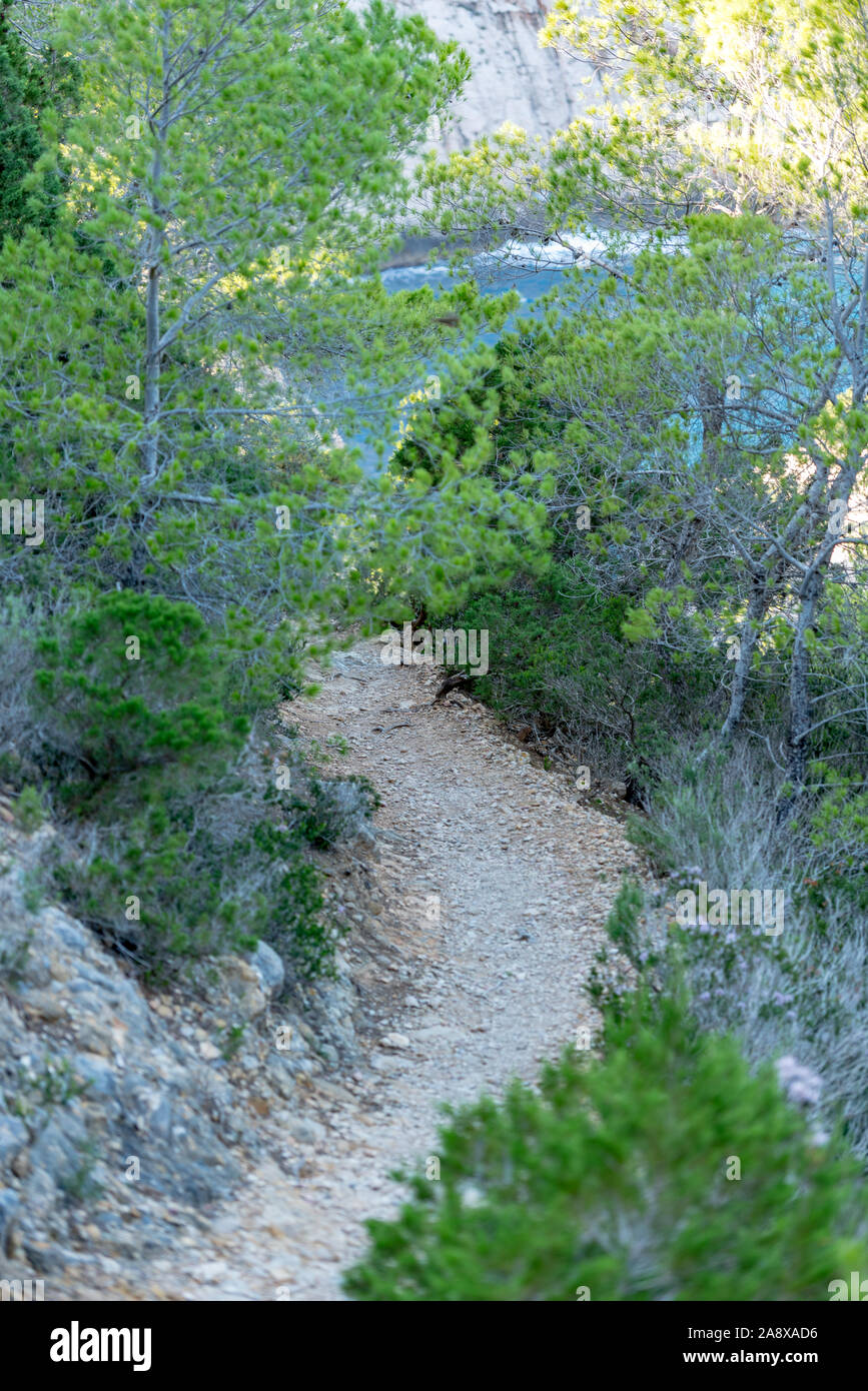 Les eaux turquoise dans es Portitxol, Ibiza, Espagne. Hidden Bay sur l'île d'Ibiza, à Sant Joan de Labritja. Banque D'Images