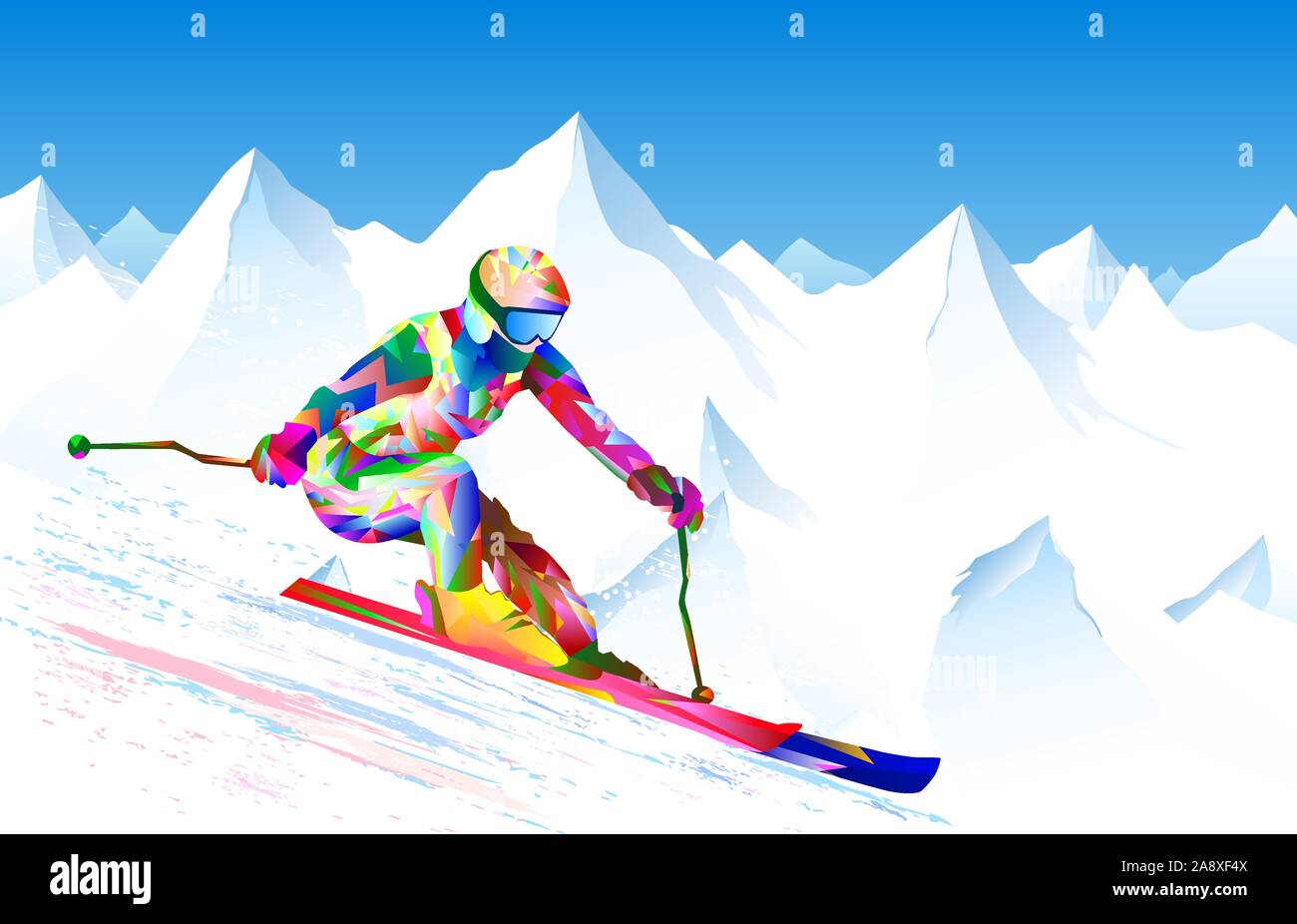 La skieuse de l'athlète sur un fond de ciel et sommets enneigés. L'athlète est actif en ski de descente et de slalom, effectue. Couleur lumineuse figure-silhouette Illustration de Vecteur