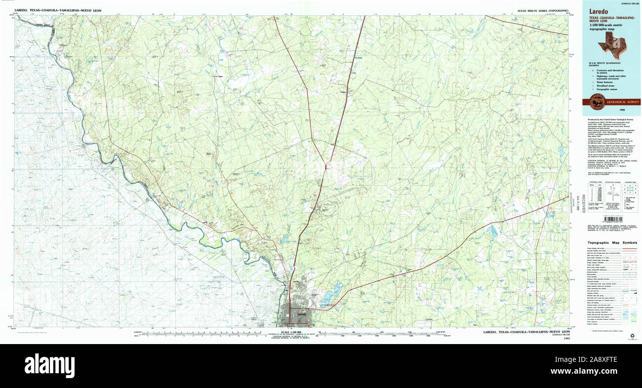 Carte TOPO USGS Texas TX Laredo 1180061985 Restauration 100000 Banque D'Images