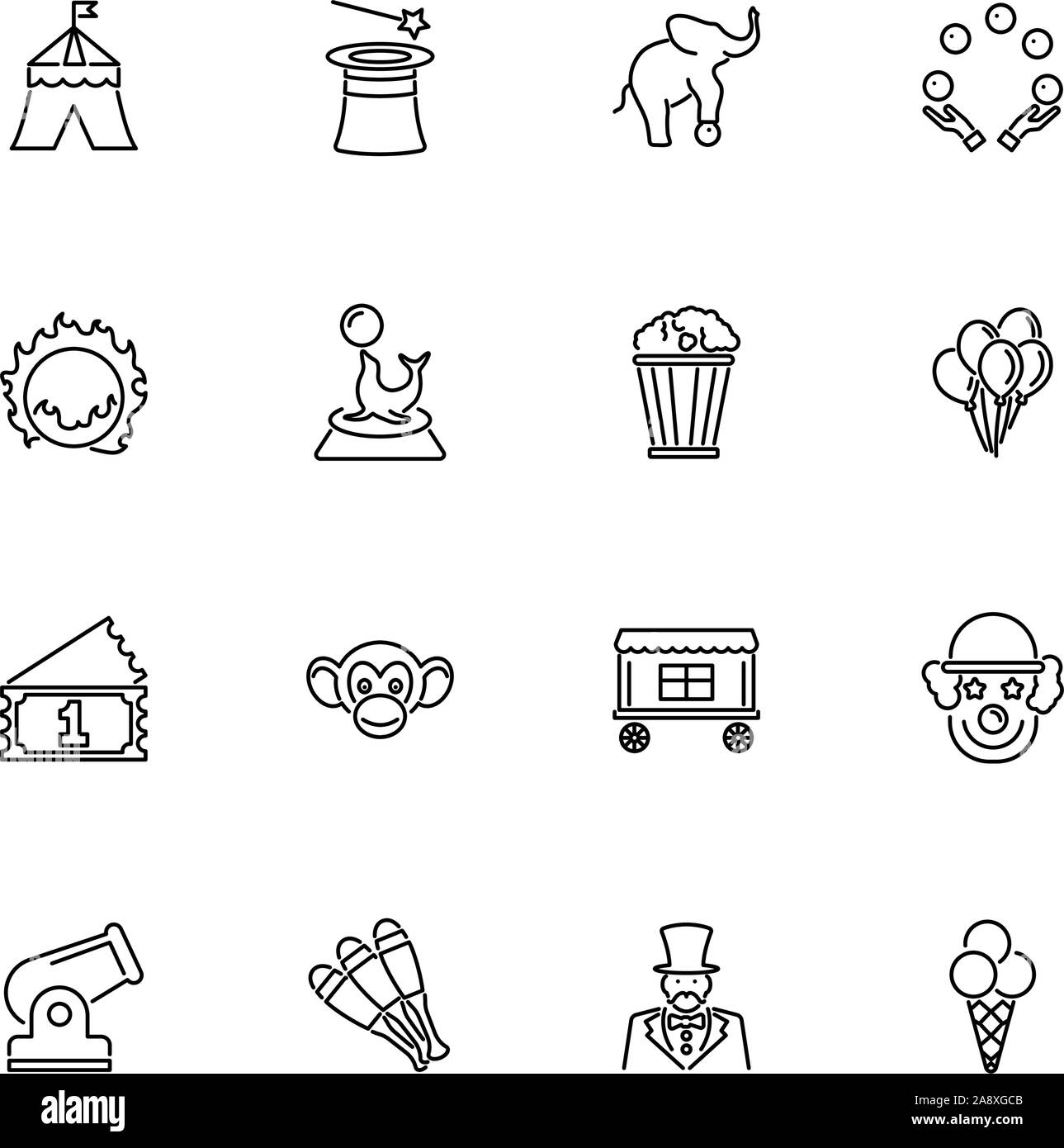 Aperçu de l'événement Carnaval, cirque icons set - symbole noir sur fond blanc. Cirque, événement Carnaval Illustration Simple Symbole - simplicité d'inscription Illustration de Vecteur