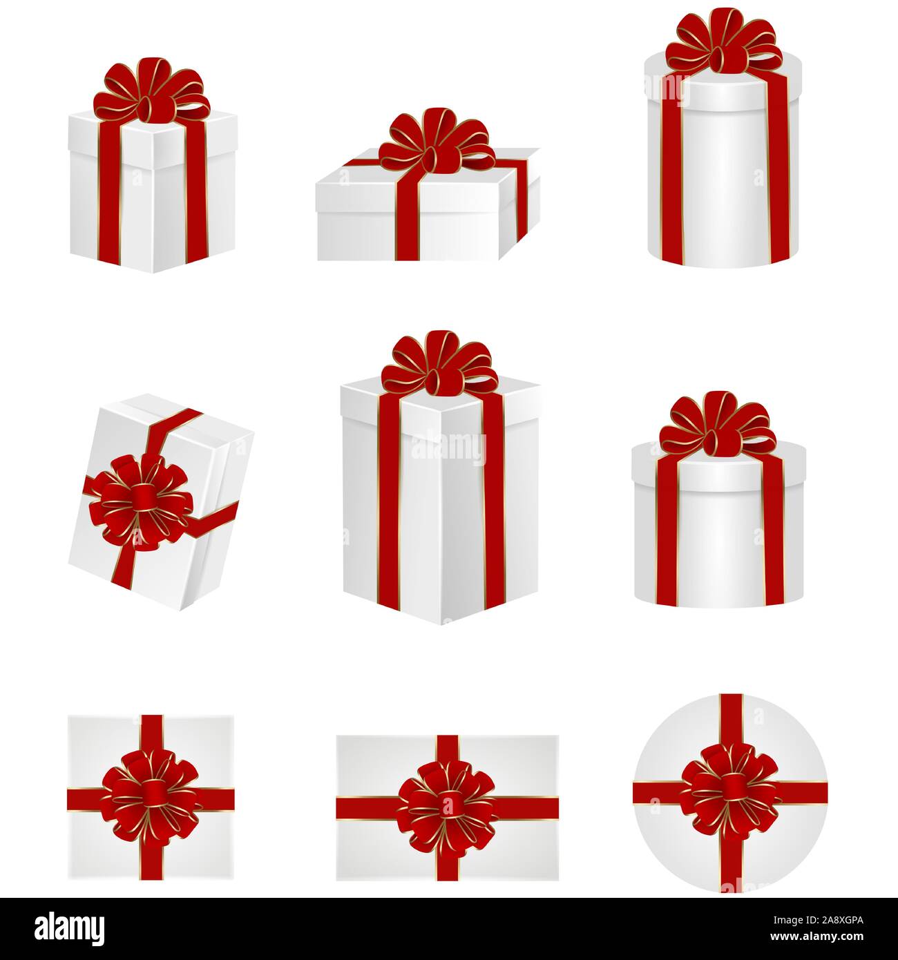 Set cadeau blanc bowes avec arc rouge et ruban Illustration de Vecteur