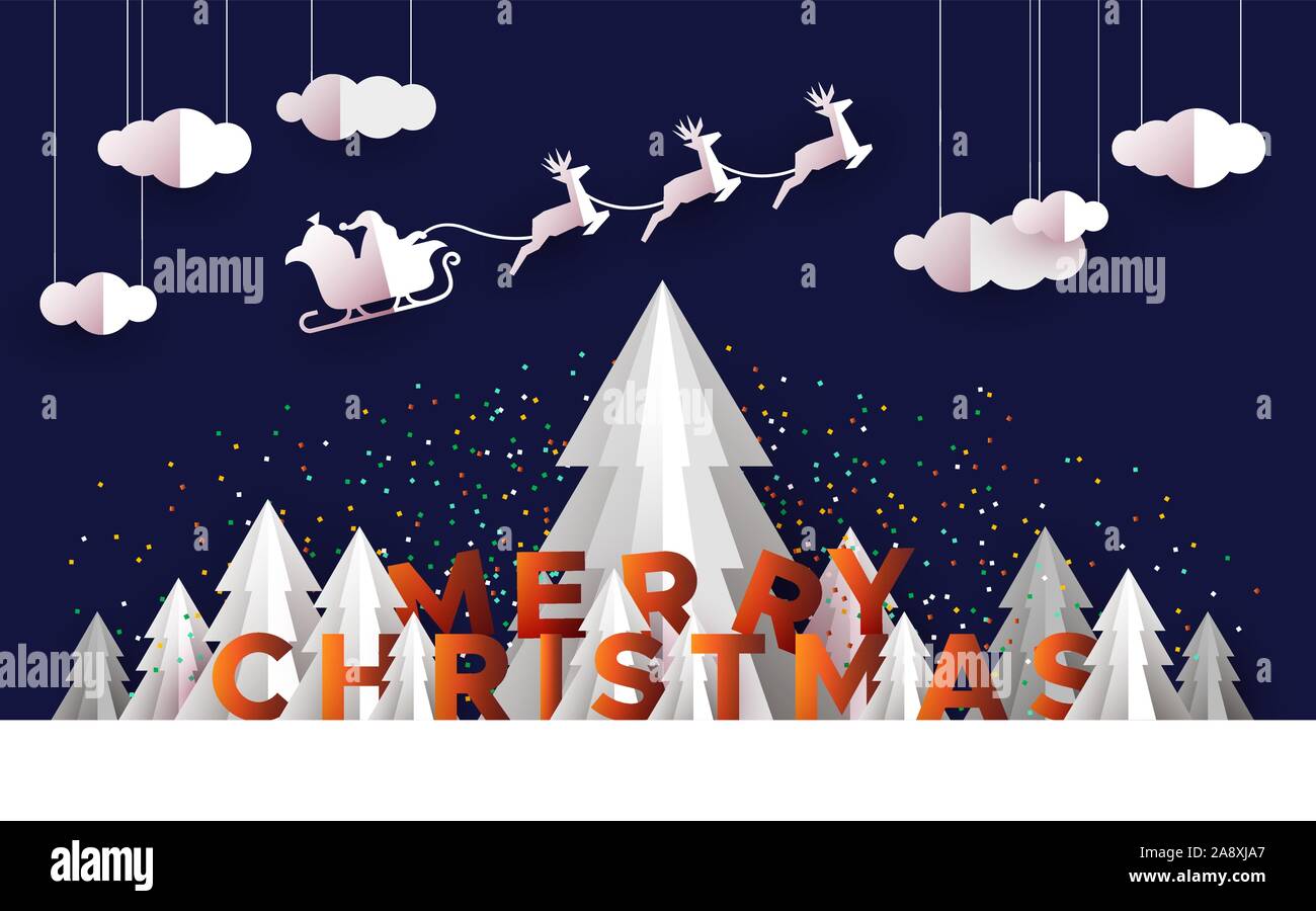 Joyeux Noël carte de voeux illustration de papercut maison de vacances avec des paysages forestiers de pins et de renne du Père Noël en traîneau. Illustration de Vecteur