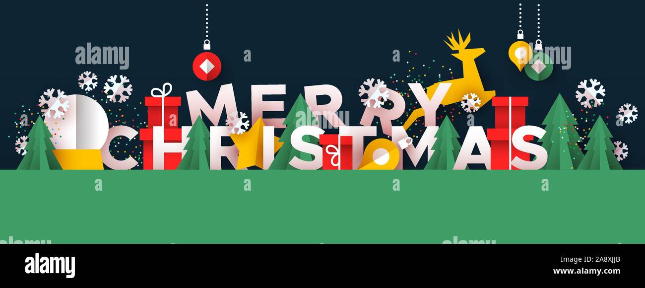 Joyeux Noël carte de voeux illustration de papercut décorations de Noël paysage. Papier cadeau de fête de l'artisanat comprend fort, renne, pin et wi Illustration de Vecteur