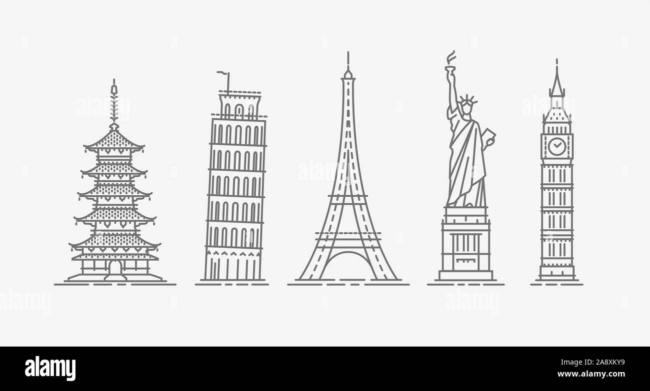 Attractions architecturales du monde. Ensemble d'icônes de voyage. Illustration vectorielle Illustration de Vecteur