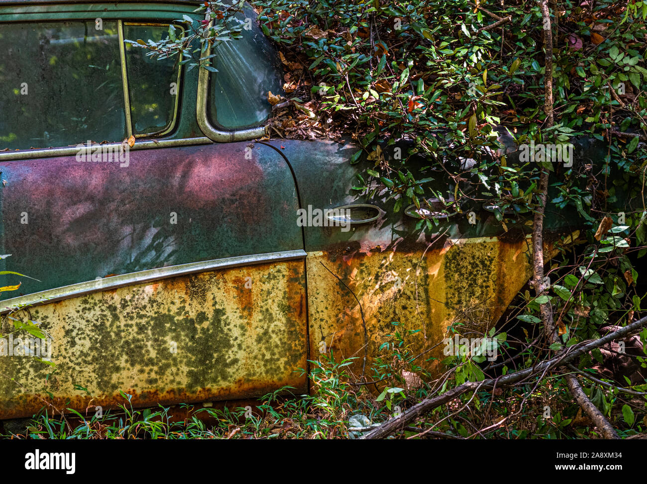 Old rusted véhicules abandonnés dans la vieille voiture Ville junkyard en blanc de la Géorgie, États-Unis Banque D'Images