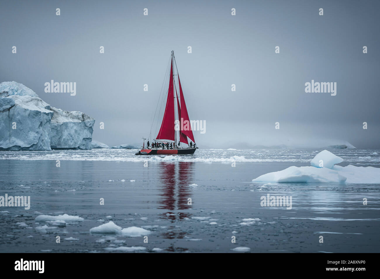 Un petit bateau entre les icebergs. Croisière voilier parmi des icebergs dans la baie de Disko, glacier au cours de soleil de minuit Ilulissat, Groenland. L'étude d'un ph Banque D'Images