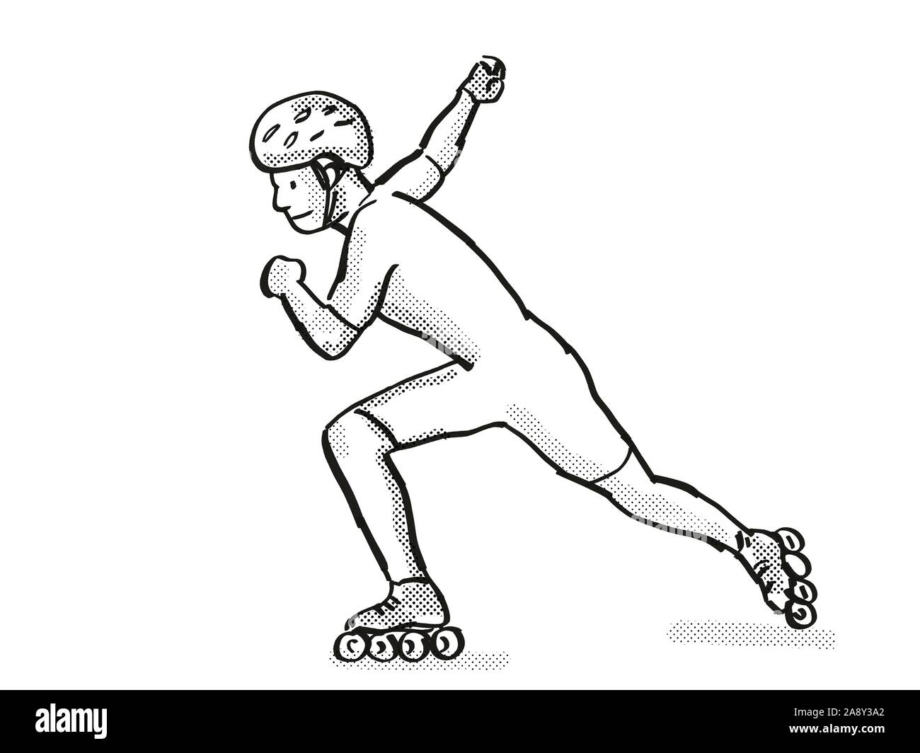 Retro cartoon style dessin d'un patineur de l'athlète de patinage de vitesse en ligne sur fond isolé en noir et blanc Banque D'Images