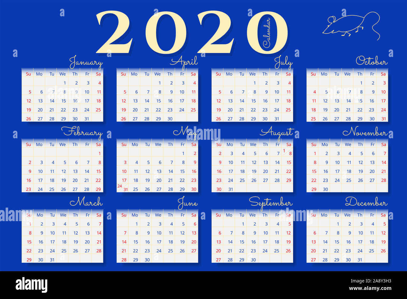 Calendrier mural de l'année 2020 sur fond bleu. Samedi et dimanche est en surbrillance rouge. Poster horizontal Banque D'Images
