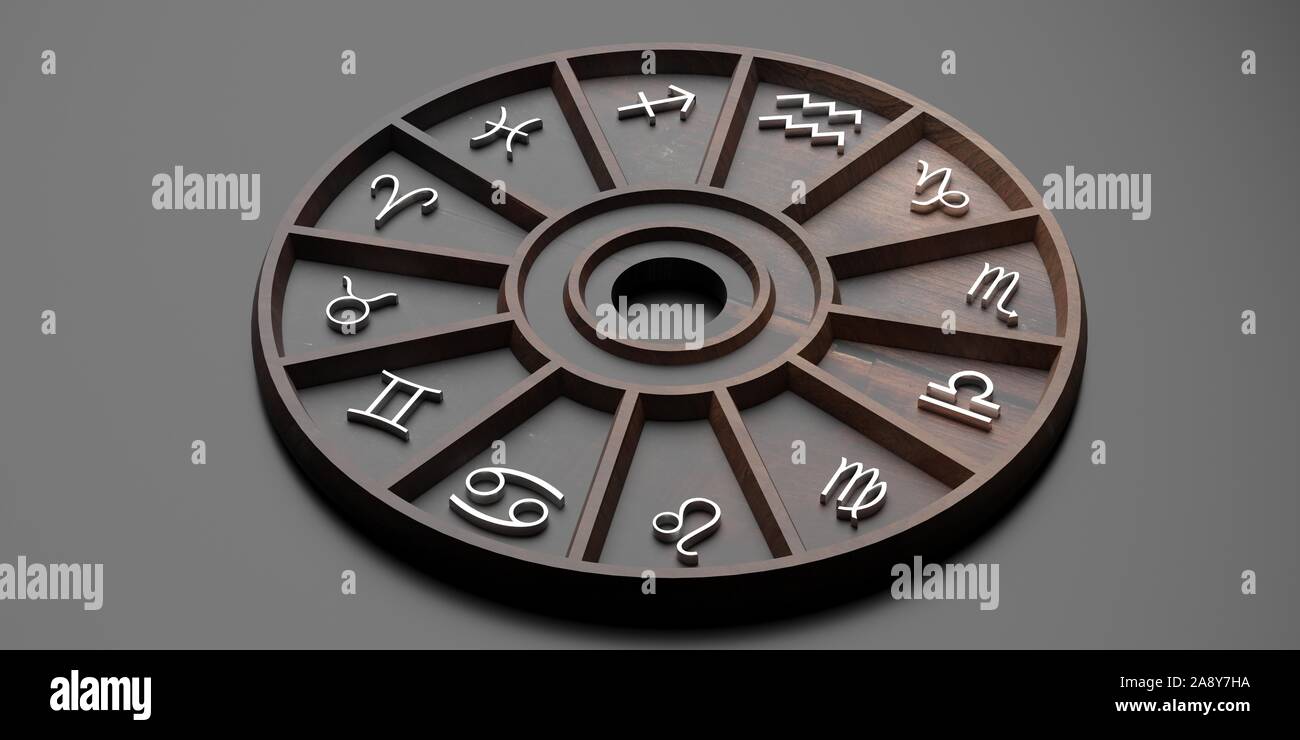 L'astrologie et les horoscopes concept. Signes du zodiaque astrologique roue en bois sur fond noir. 3d illustration Banque D'Images