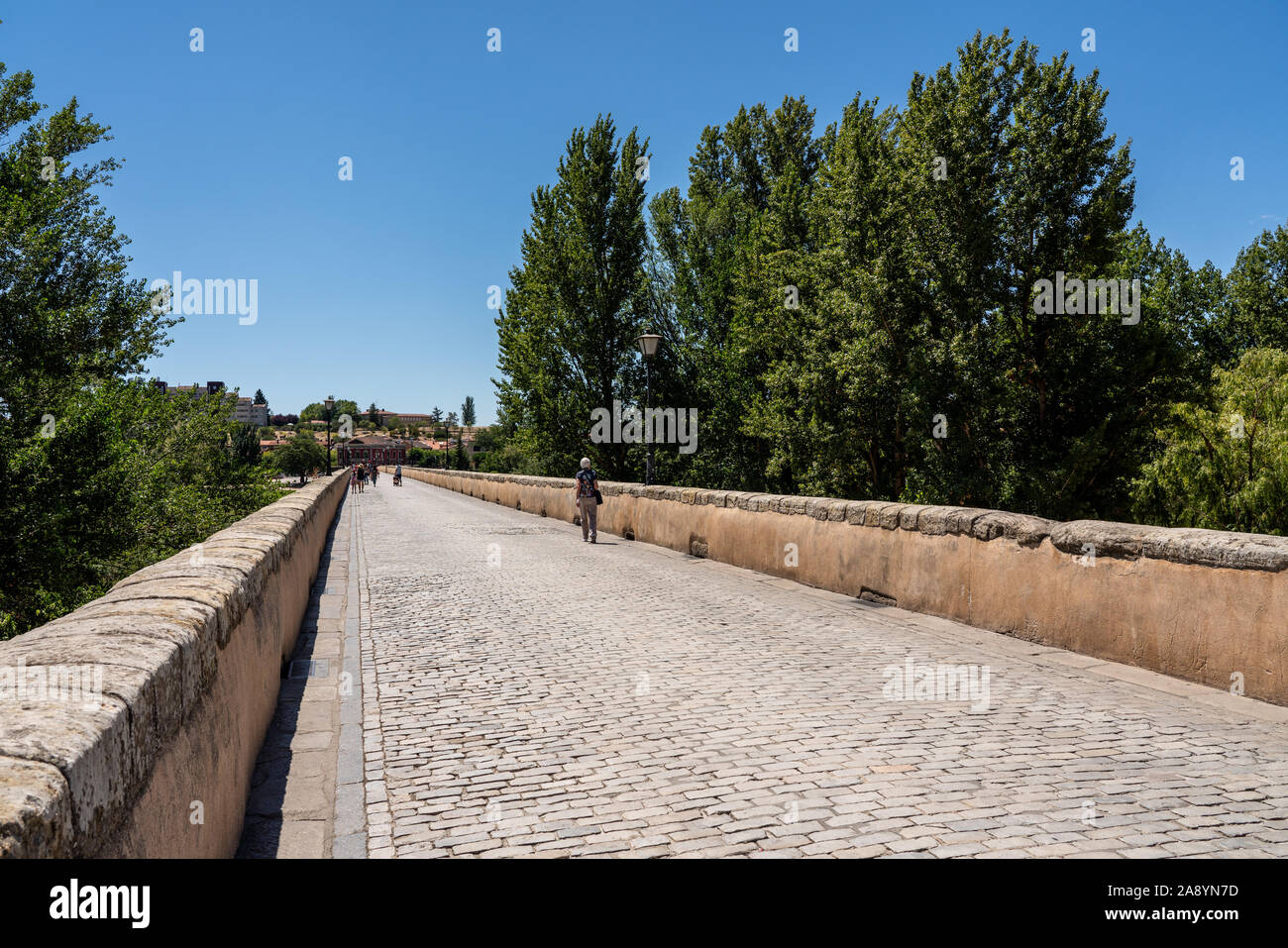Surface pavée du vieux pont romain menant loin de la ville de Salamanque en Espagne Banque D'Images