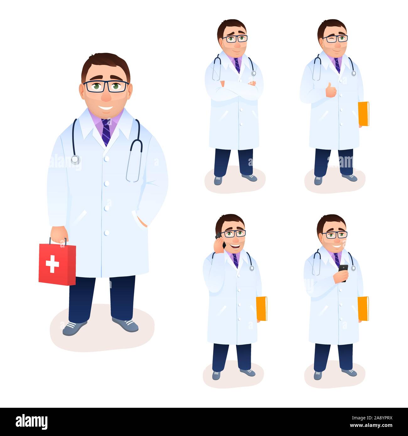 Jeu de caractères masculins télévision médecin isolé sur fond blanc. Jeune homme en manteau blanc design uniforme avec téléphone cellulaire, la recherche médicale, geste ok, sapin Illustration de Vecteur Jeu de caractères masculins télévision médecin isolé sur fond blanc. Jeune homme en manteau blanc design uniforme avec téléphone cellulaire, la recherche médicale, geste ok, sapin Illustration de Vecteur
