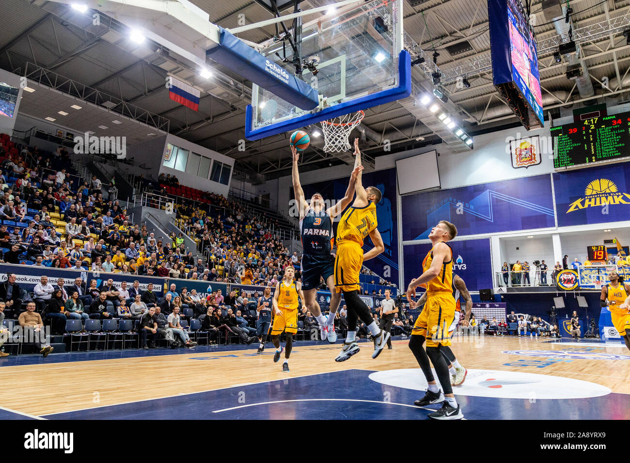 # 3 de l'Adas Juskevicius de Parme Perm vu en action contre Khimki Moscow pendant la VTB United League entre Khimki Moscow et Parme Perm.(score final ; Khimki Moscow 103-100 Parme) Perm Banque D'Images