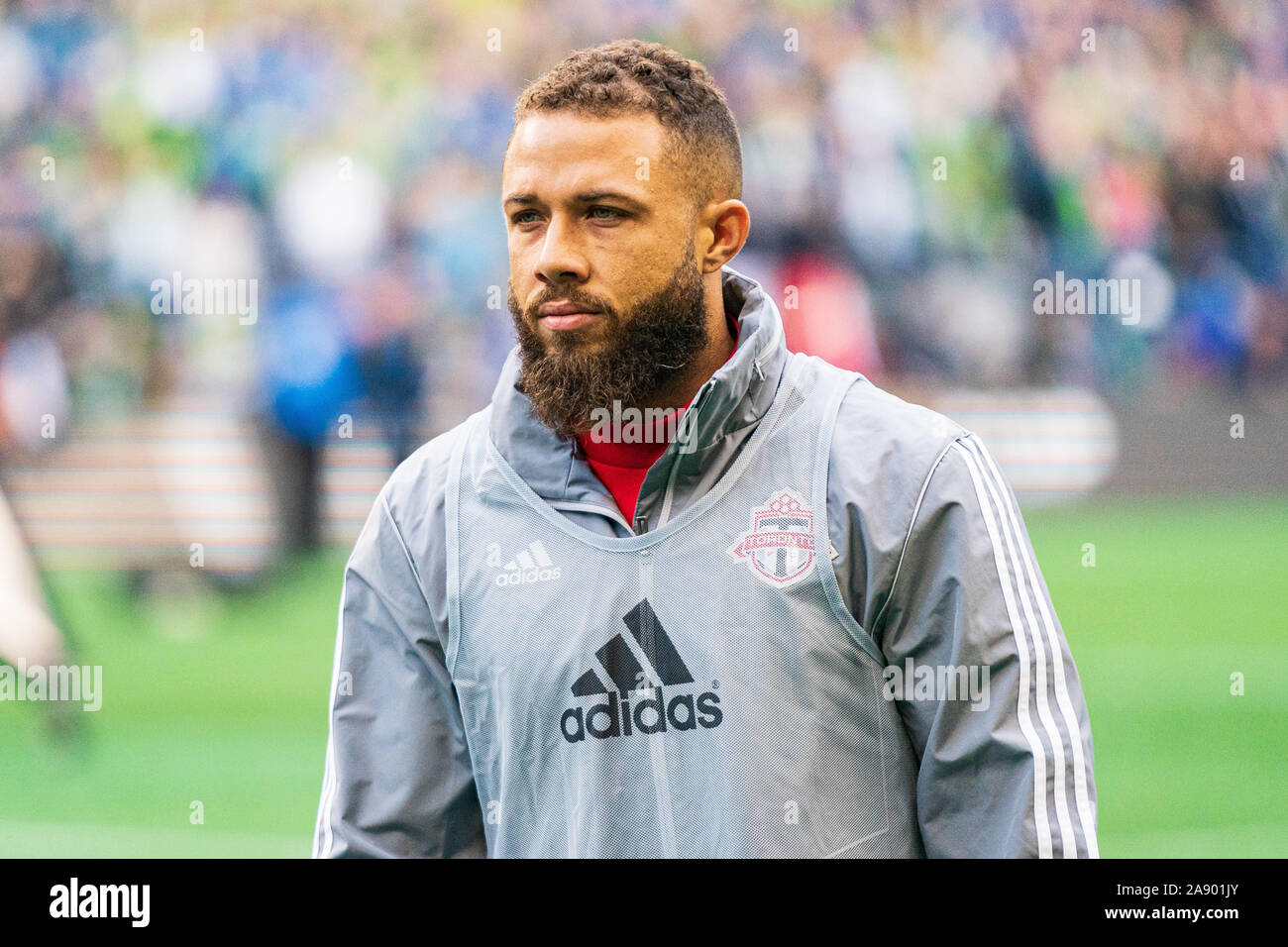 Le milieu de terrain du FC de Toronto Nick DeLeon (18) au cours de la MLS Cup Championship match entre les Sounders de Seattle et Toronto FC à CenturyLink Field le dimanche 10 novembre 2019 à Seattle, WA. Jacob Kupferman/CSM Banque D'Images