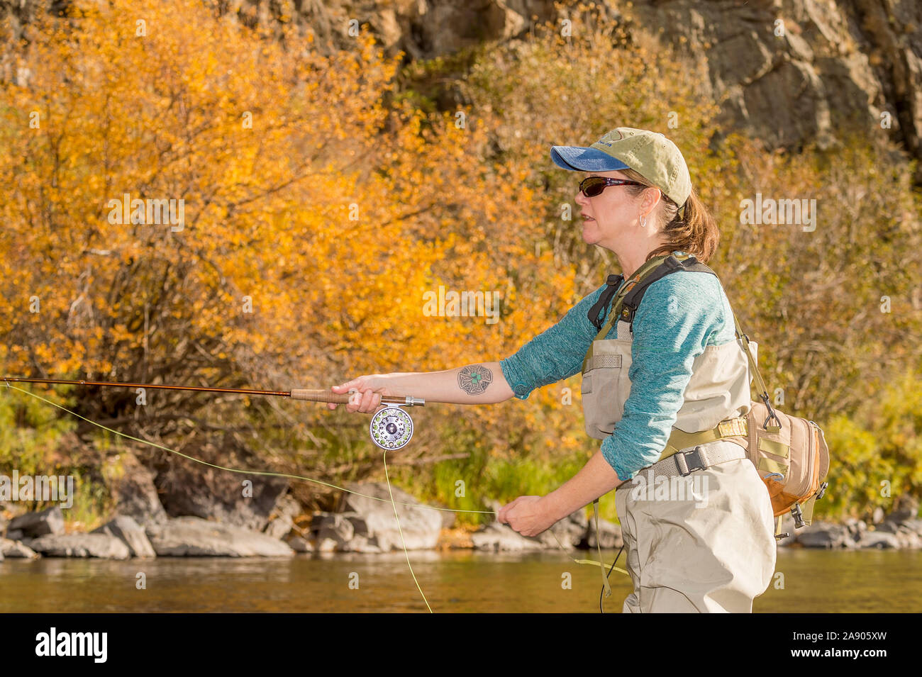 Une femme poissons voler le long de la Powder River dans le nord du Colorado. Banque D'Images