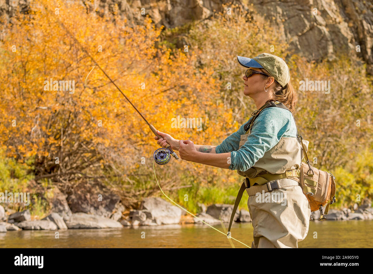 Une femme poissons voler le long de la Powder River dans le nord du Colorado. Banque D'Images