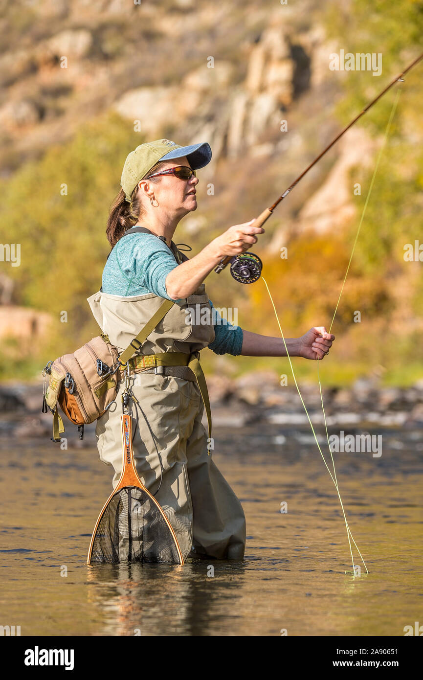 Une femme jette sa canne et moulinet de pêche sous le soleil d'après-midi d'automne dans le nord du Colorado. Banque D'Images