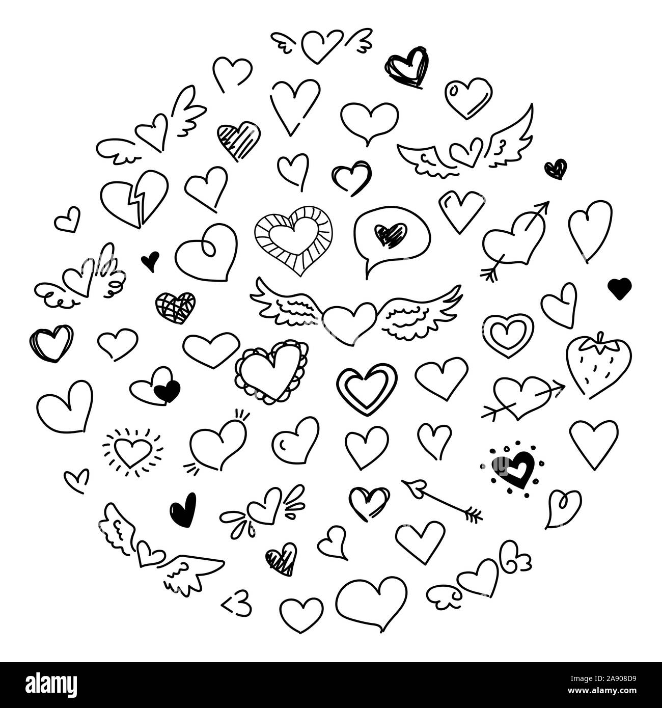 Doodle mignon coeur. Amour dessin de concept design. Valentines Day croquis noir collection symboles romantique isolé sur fond blanc Illustration de Vecteur