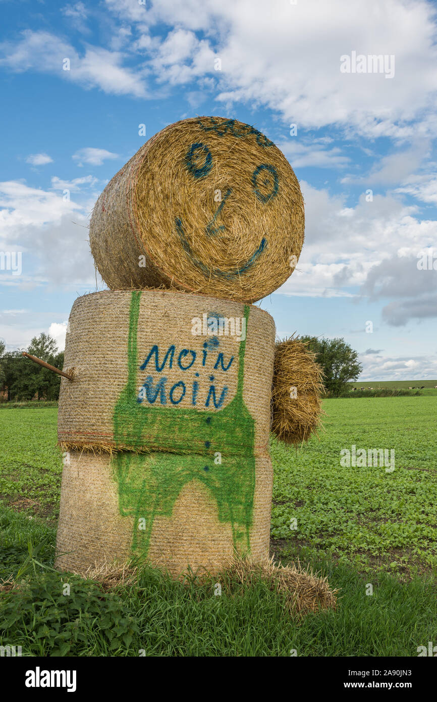 Figure faite de balles de foin dans un champ, Schleswig-Holstein, Allemagne Banque D'Images