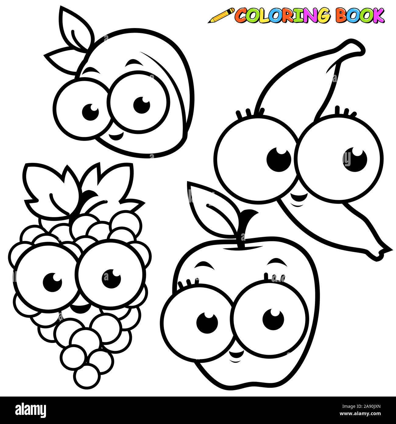 Personnages de fruits de bande dessinée. Dessins animés de fruits frais. Abricot, banane, raisin et pomme. Coloriage noir et blanc. Banque D'Images